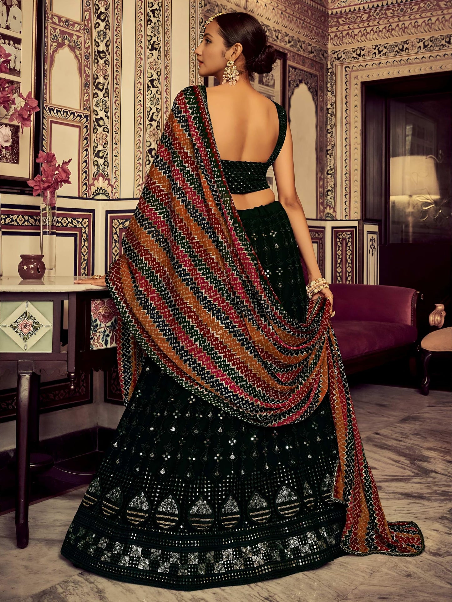 Zeel Clothing Women's Sequins Thread Embroidered Georgette Lehenga Choli With Dupatta (6003-Green-Women-Lehenga-Choli-New; Free Size)(Green)