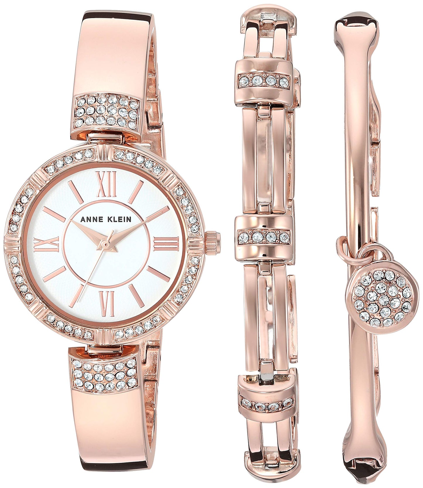 Anne Klein Women's Premium Crystal Accented Watch and Bracelet Set, Rose Gold, Japanese