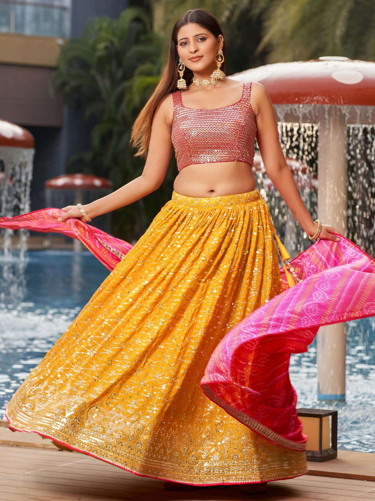 Zeel Clothing Sequins Zari Embroidered Georgette New Lehenga Choli With Dupatta (5076-Yellow-Wedding-Stylish-New; Free Size)