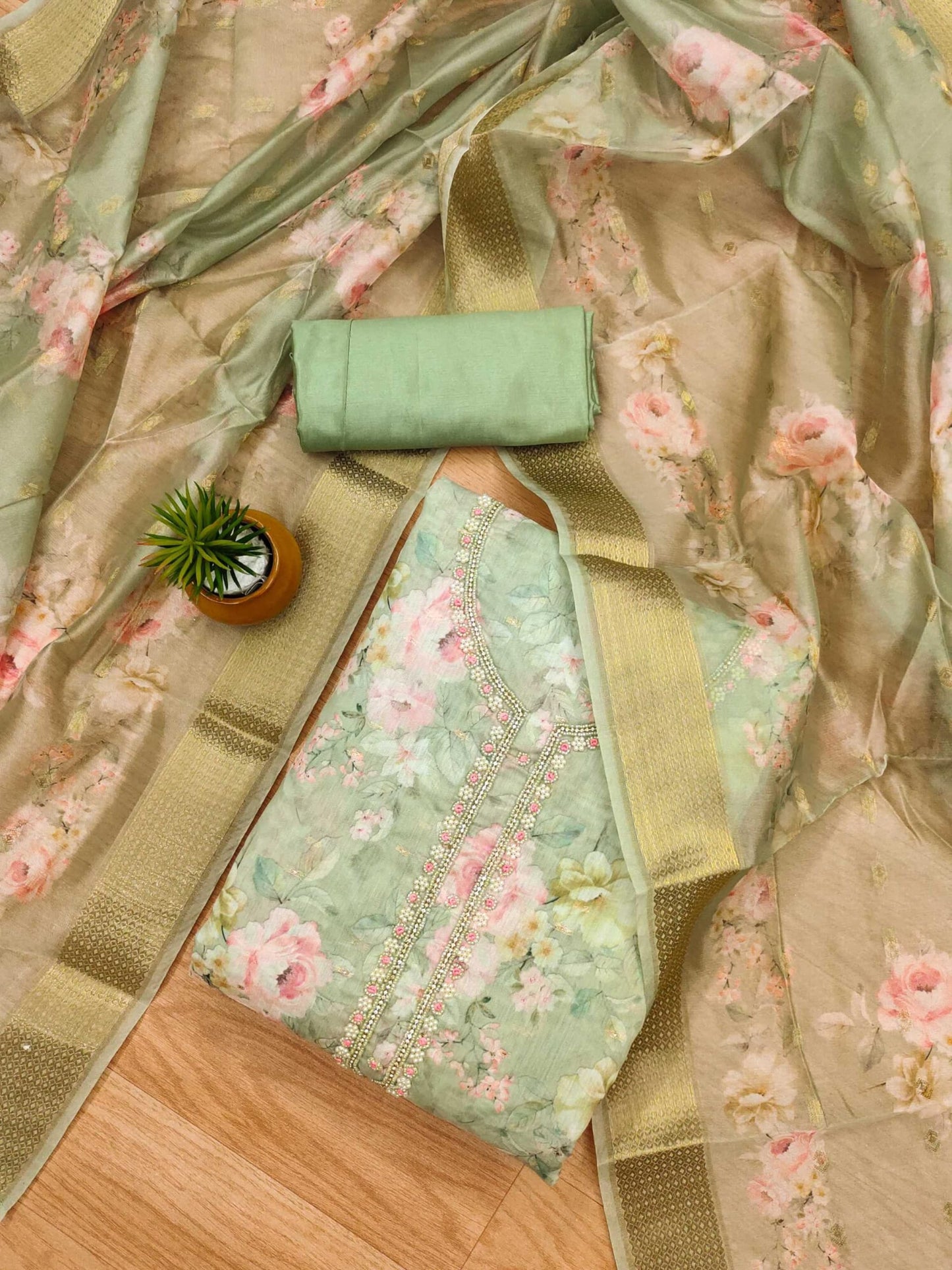 Pandadi Saree Women's Organza with Handwork Embellishments Salwar Suit Dress Material