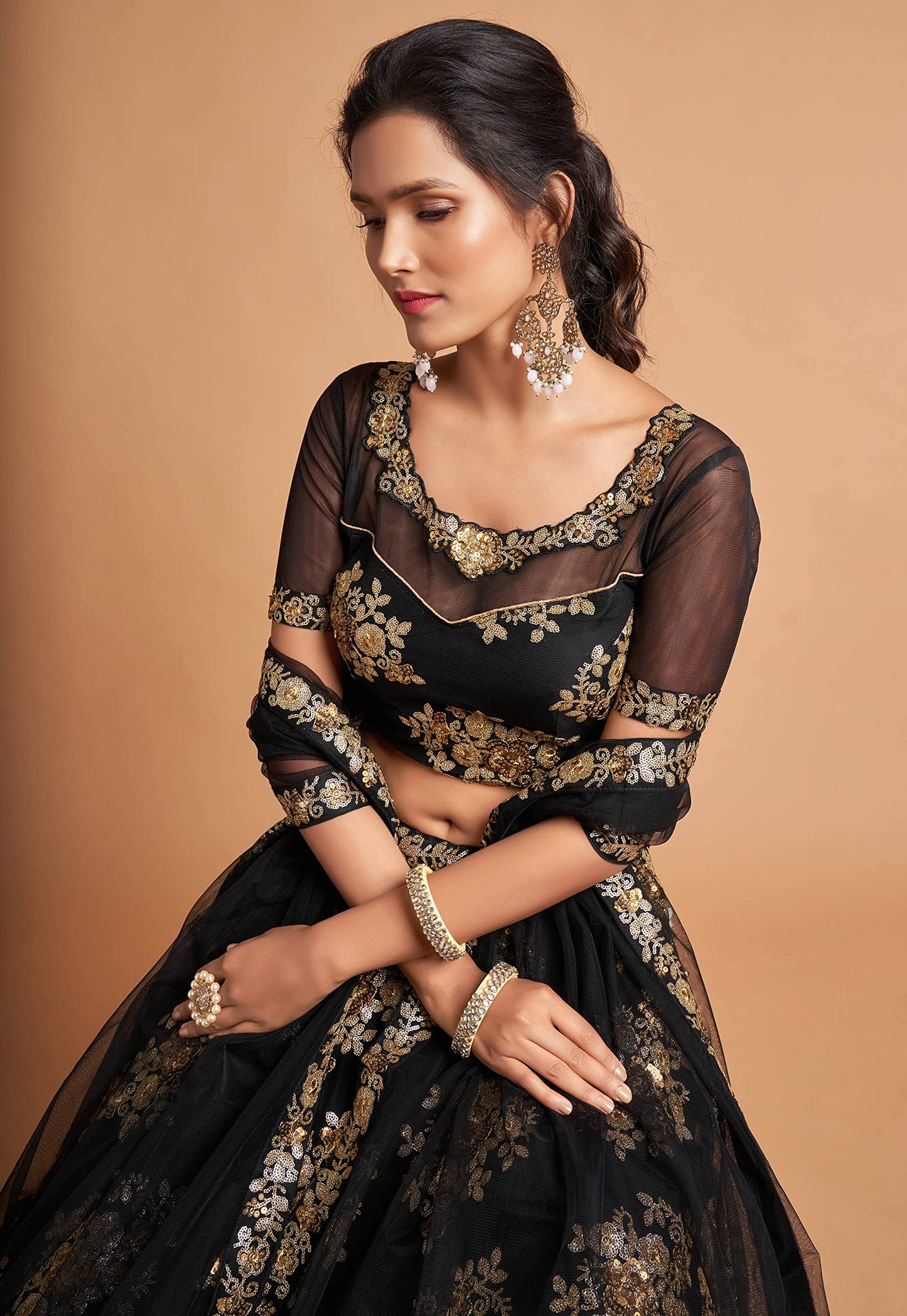 Zeel Clothing Women's Net Embroidered Semi-Stitched New Lehenga Choli with Dupatta (7306Black-Wedding-Girlish-Latest-Lehenga; Free Size)