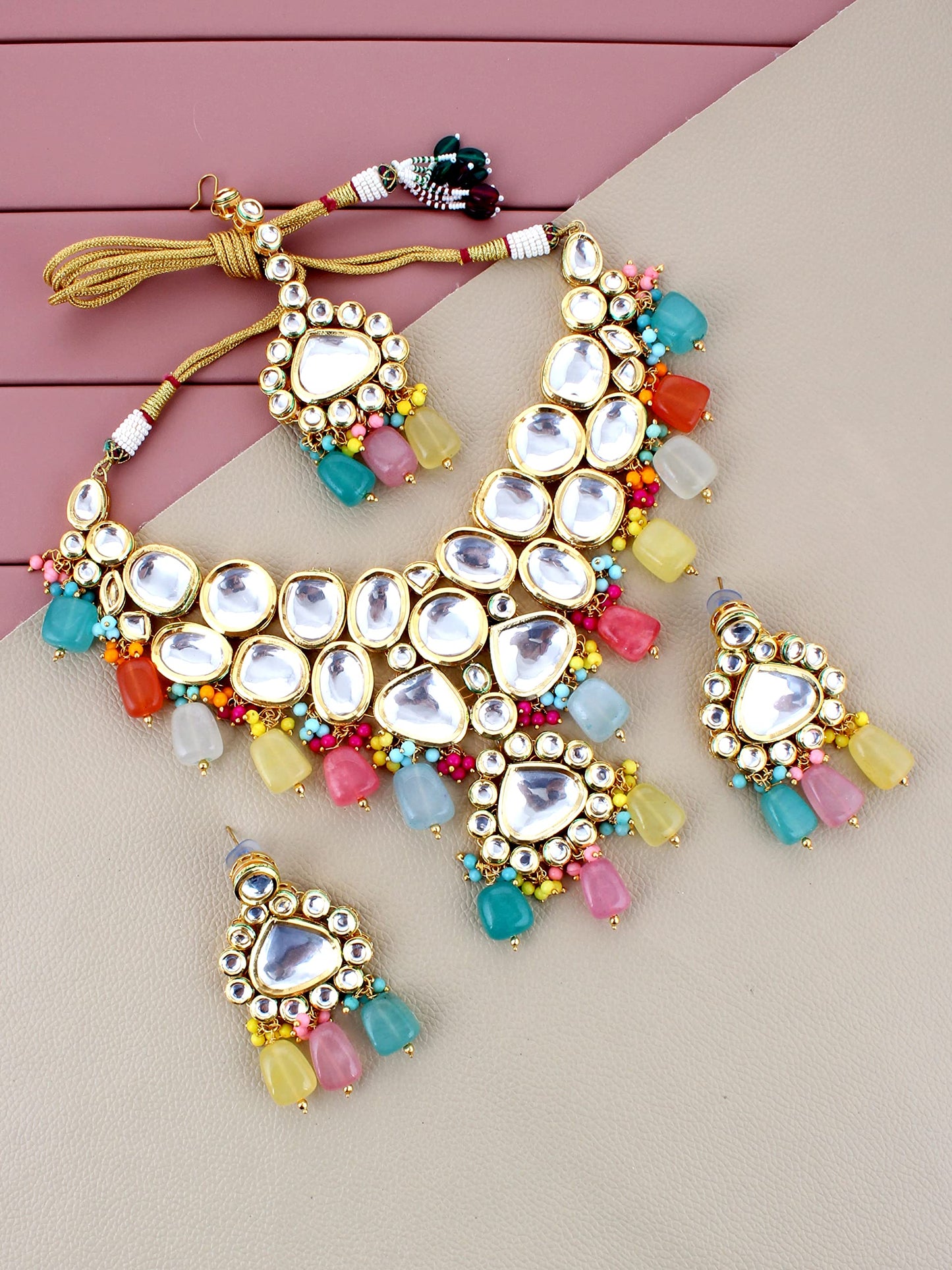 Lucky Jewellery Back Meenakari 18k Gold Plated MultiColor Tika Earring Combo Jewellery Set Uncut Kundan Big Faux Kundan Choker Necklace Set For Girl's & Women (2935-M6SK-1674-MT)