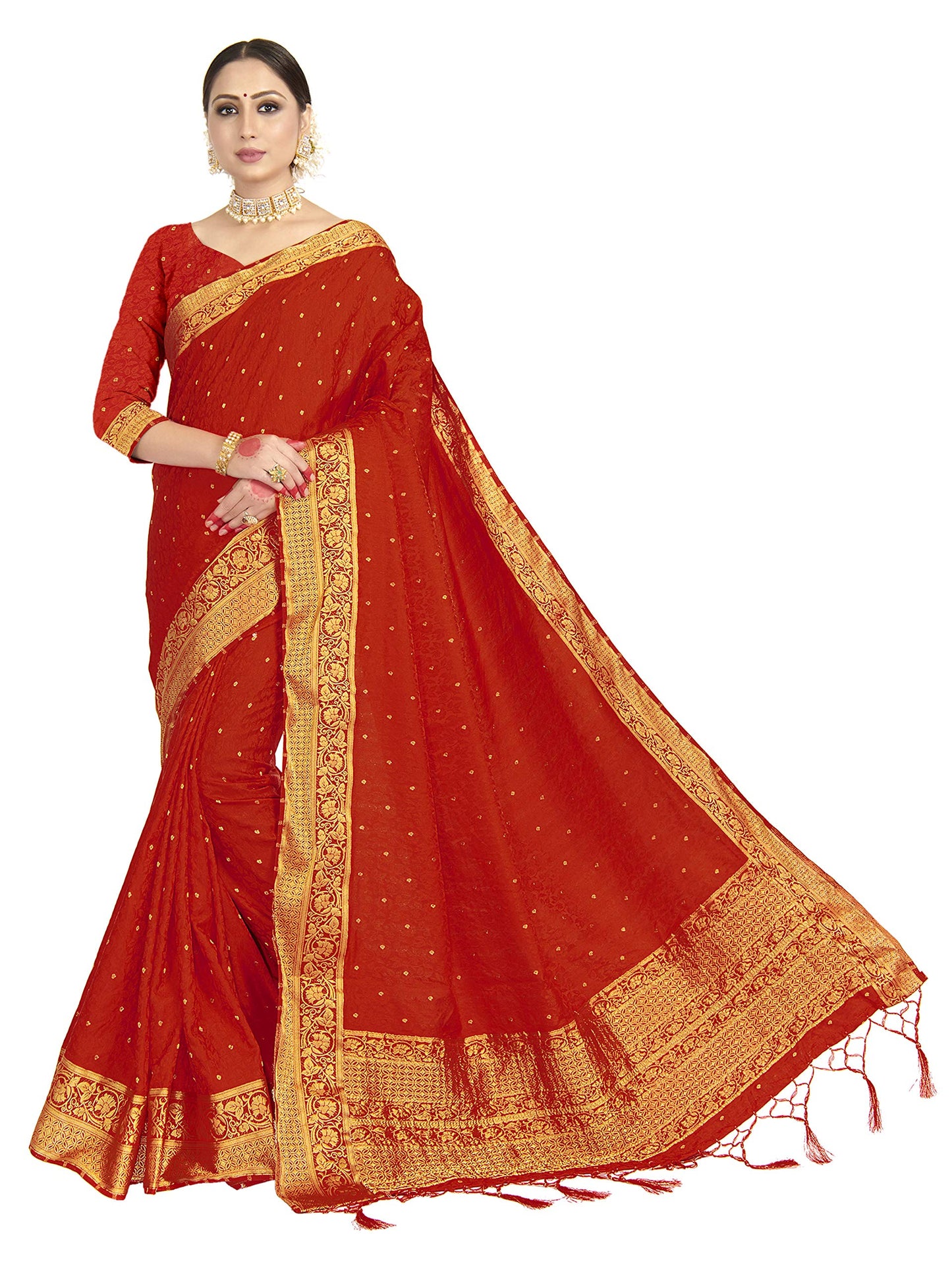 Vardha Women's Banarasi Satin Silk Saree with Unstitched Blouse Piece - Zari Woven Work Sarees for Wedding (172, Red)