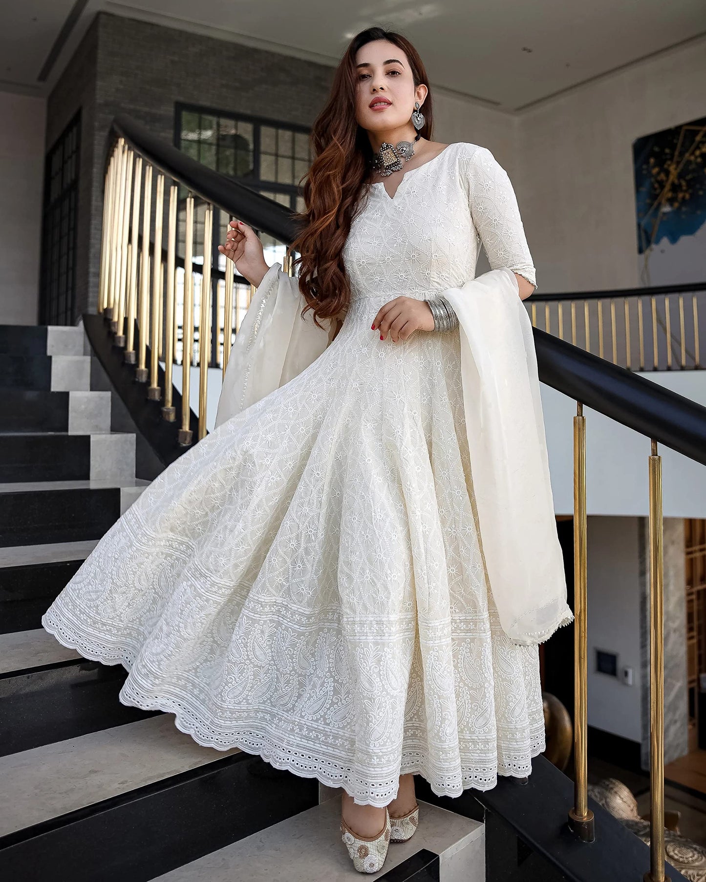 Royal Export Women's Cotton Blend White Chikankari Anarkali Gown with Dupatta | Dresses for Girls | Pant Not Included-XXL