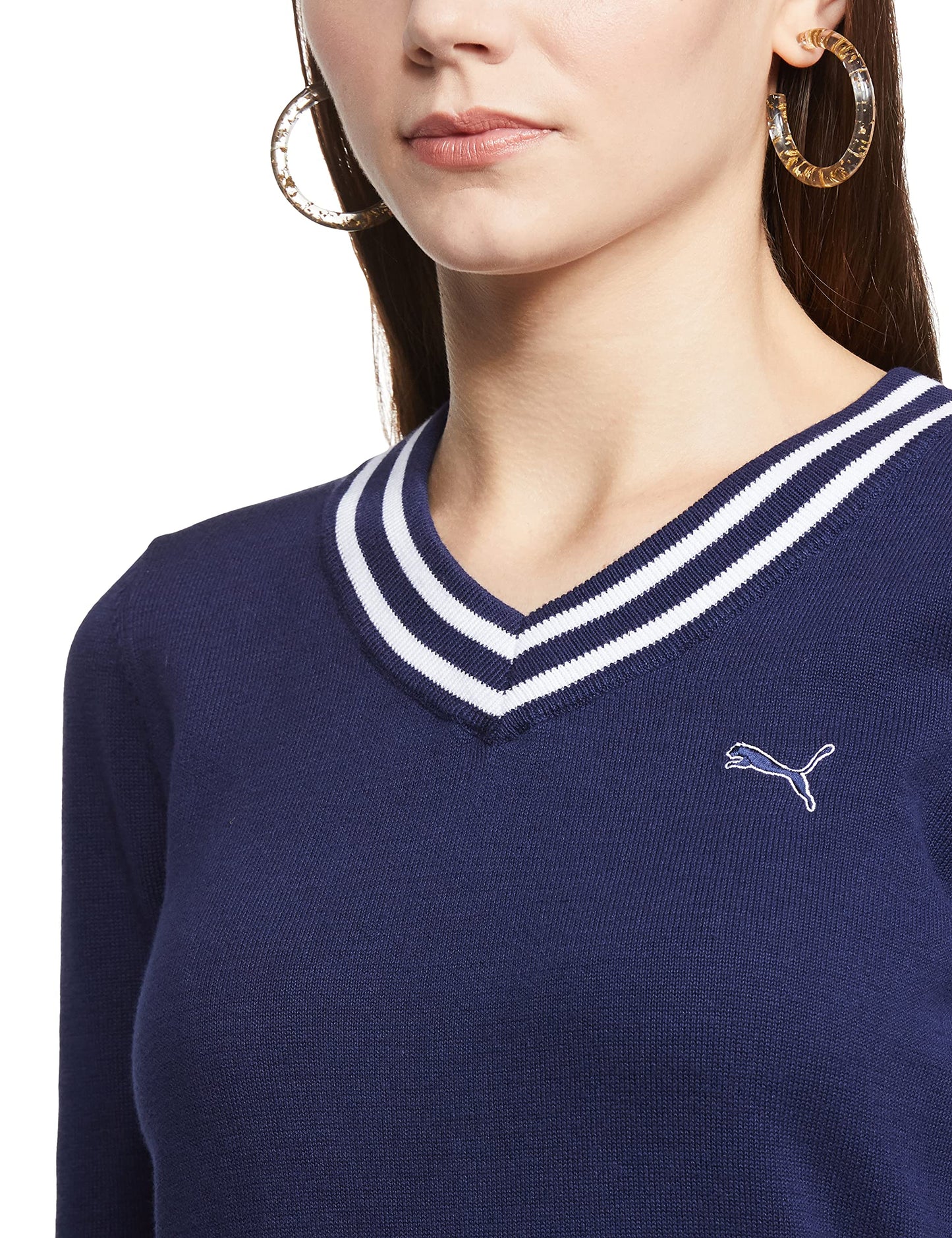 Puma Women's' Cotton V-Neck Sweater (56835502_Medieval White-Vapor Blue_S)