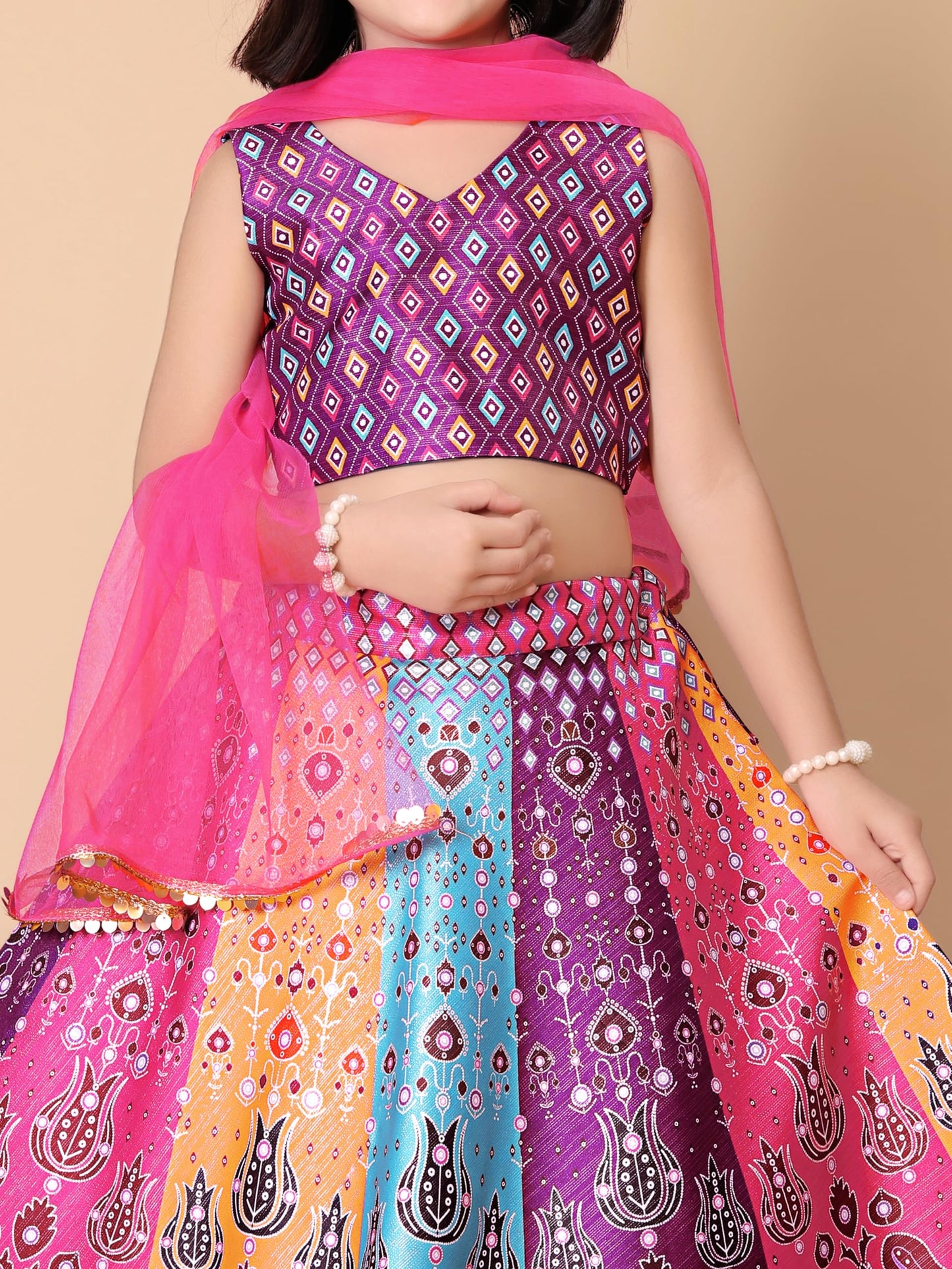 PURVOSH Kids Bandhani Lehenga Choli Set for Girls, Fully Stitched, Readymade, Printed, 6-7 Years to 13-14 Years, Pink (MULTI COLOR 2, 9-10 Years) | Material: Art Silk