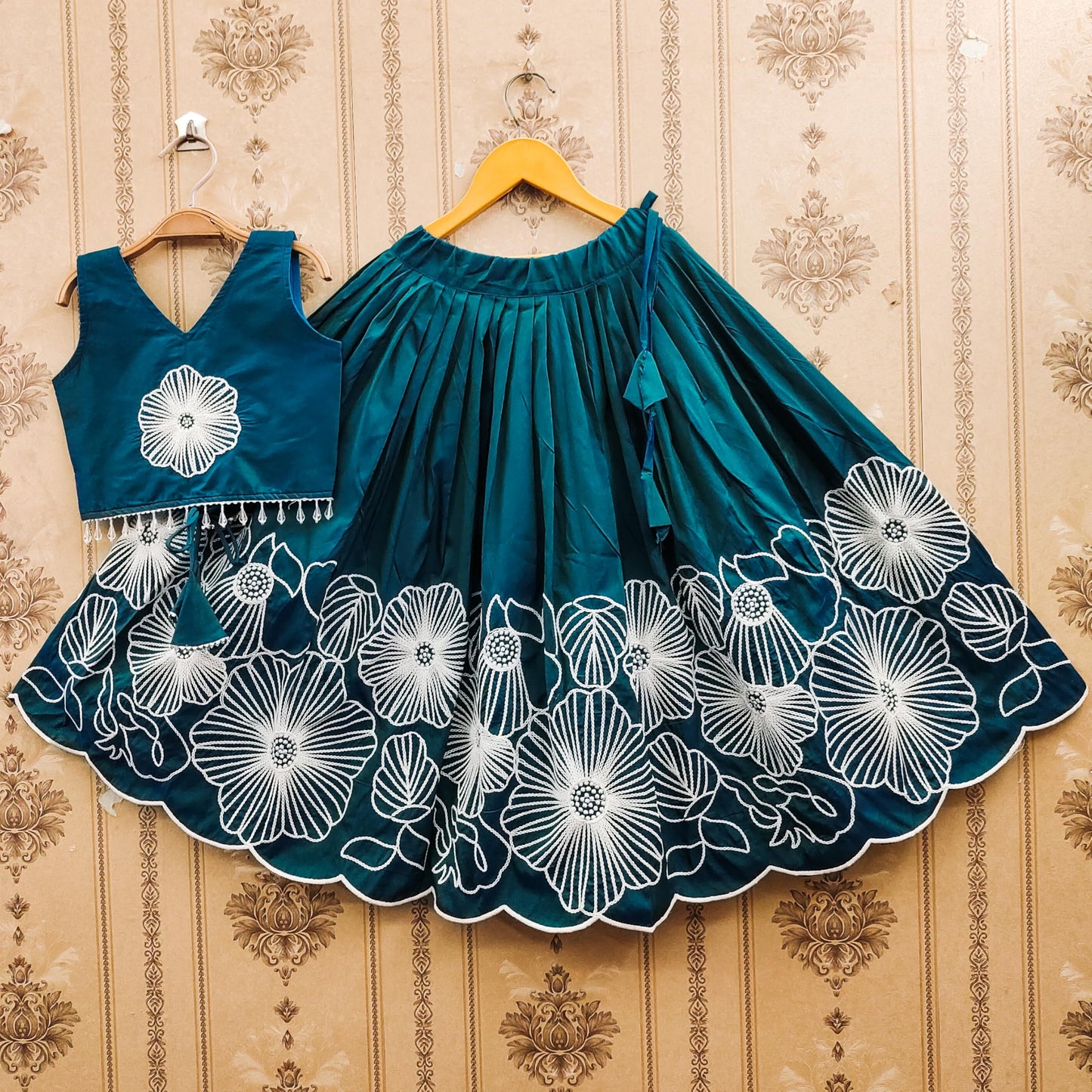 Helene Girls Embroidered Full Stitched Lehenga Choli with White Net Dupatta Set | Traditional Indian Ethnic Wear for Festivals & Weddings (Rama, 6-7 Years)