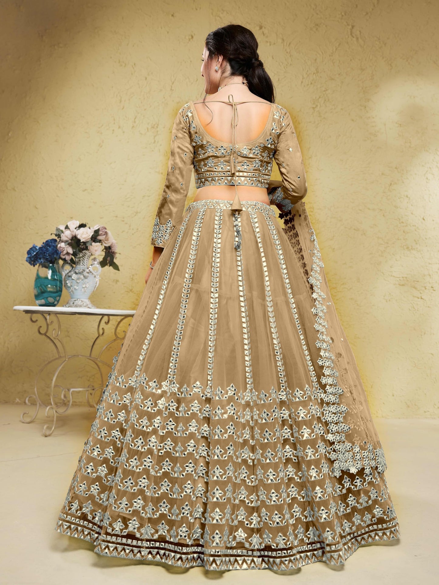 Zeel Clothing Women's Net Semi-stitched Foil Embroidered Lehenga Choli With Dupatta (5029-Beige--Lehenga-Choli-Latest,Free size)