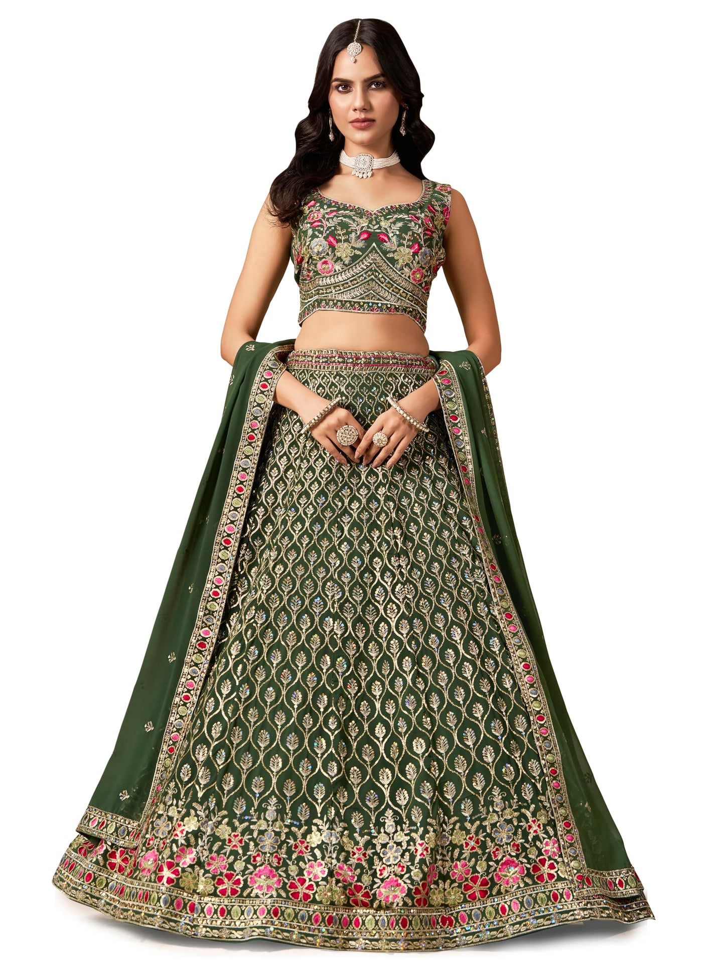 Zeel Clothing Women's Sequins and Thread Embroidered Work Georgette Lehenga Choli With Dupatta (5134-Women-Lehenga-Choli-Latest; Free size) (Green)