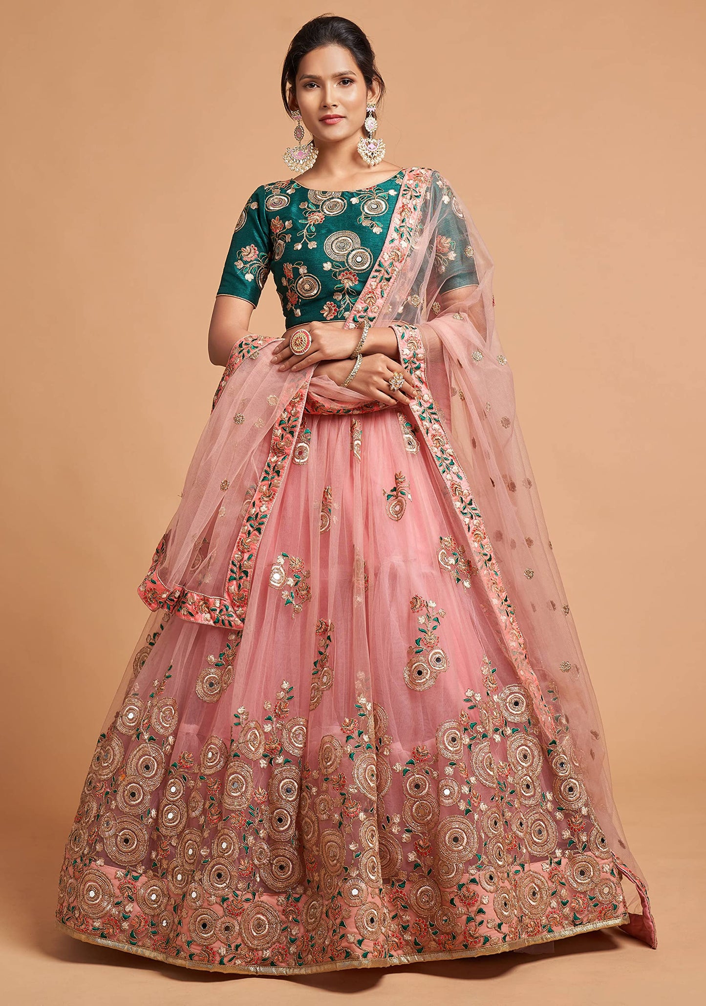 Divine Exim Women's Net Embroidered Semi-Stitched Lehenga Choli with Dupatta | Traditional, Wedding, Ethnic WearLehenga for Women and Girls (7315-Peach-Wedding)