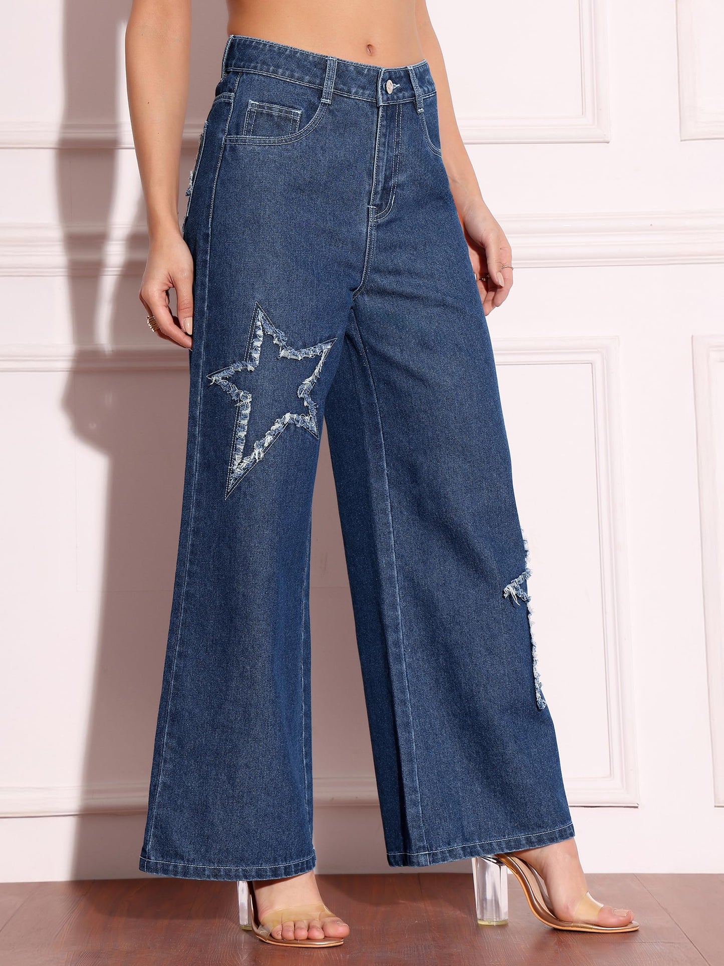 Miss Chase Women's High Rise Mildly-Distressed Regular-Length Stretchable Denim Wide-Leg Jeans (MCSS18DEN02-19-496-26, Deep Sea Blue, 26)