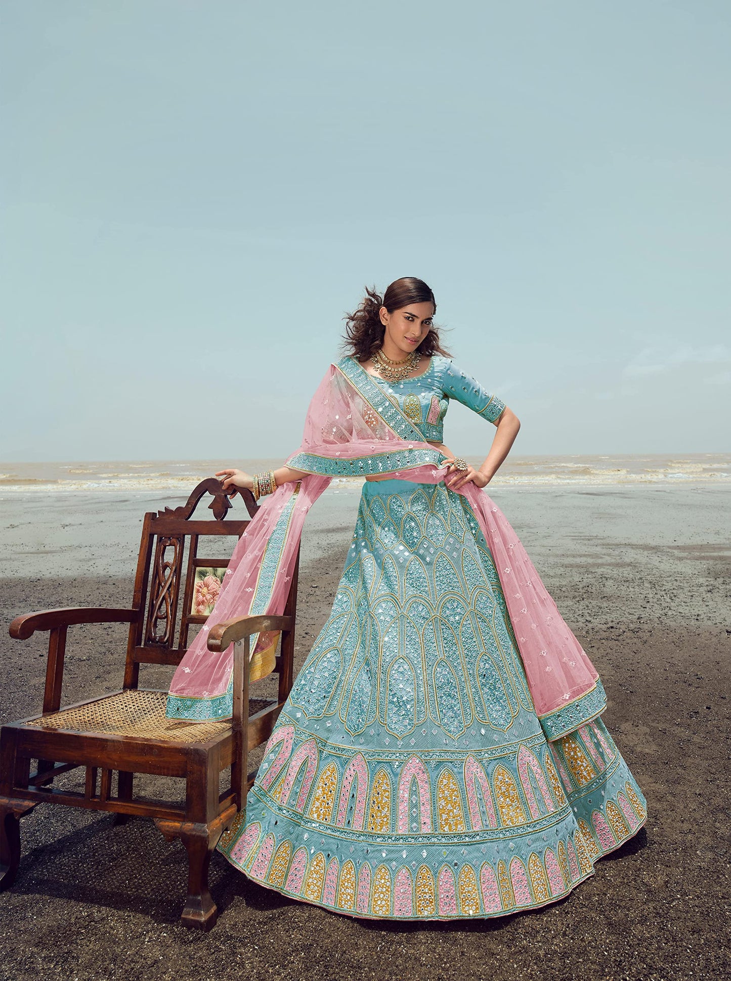 FUSIONIC Admirable Sky blue Stone Work organza base Base Lehenga Choli For Women