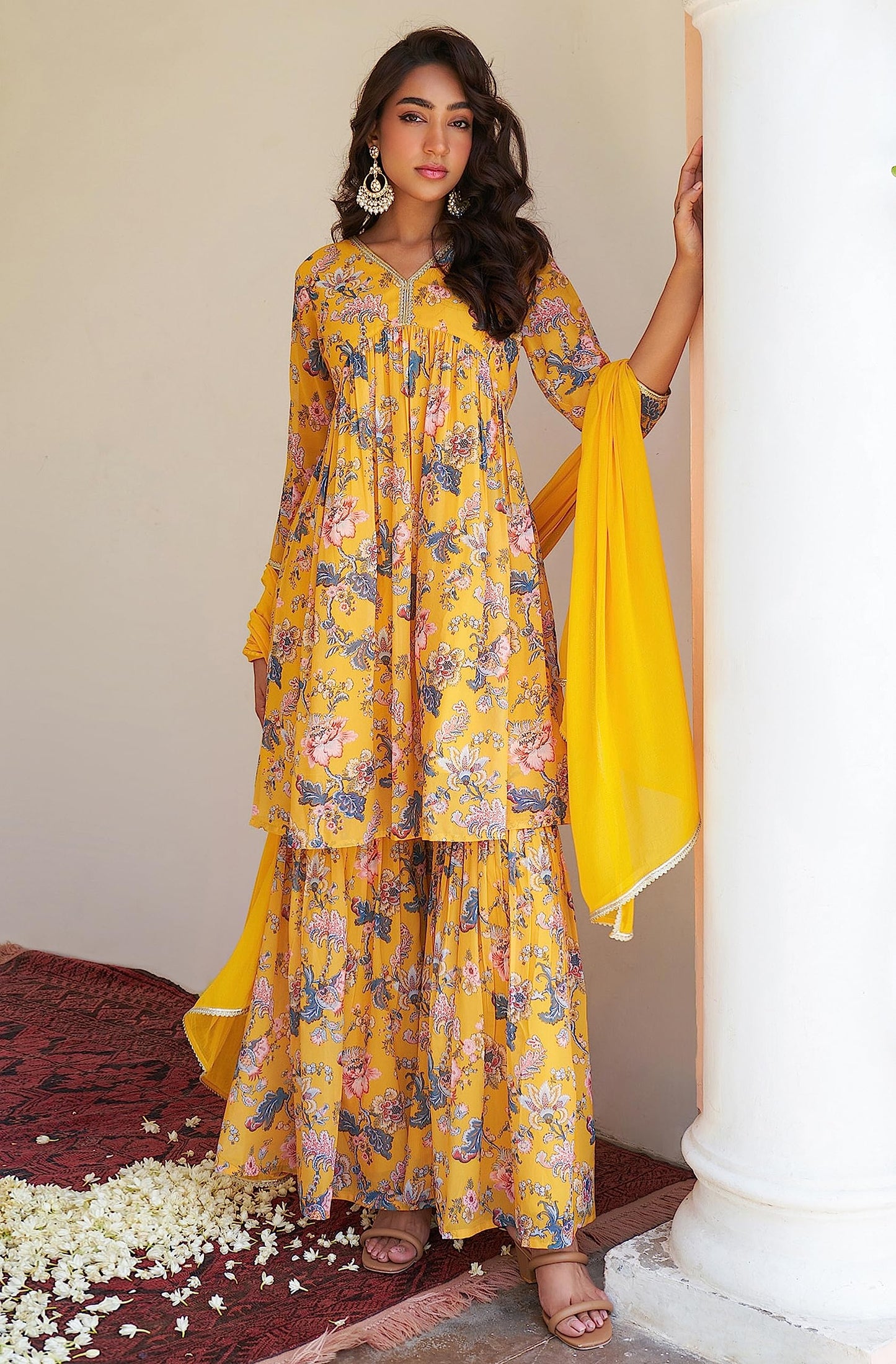 Janasya Women's Yellow Georgette Digital Floral Printed Kurta with Sharara and Dupatta(SET754-KR-SHA-XS)