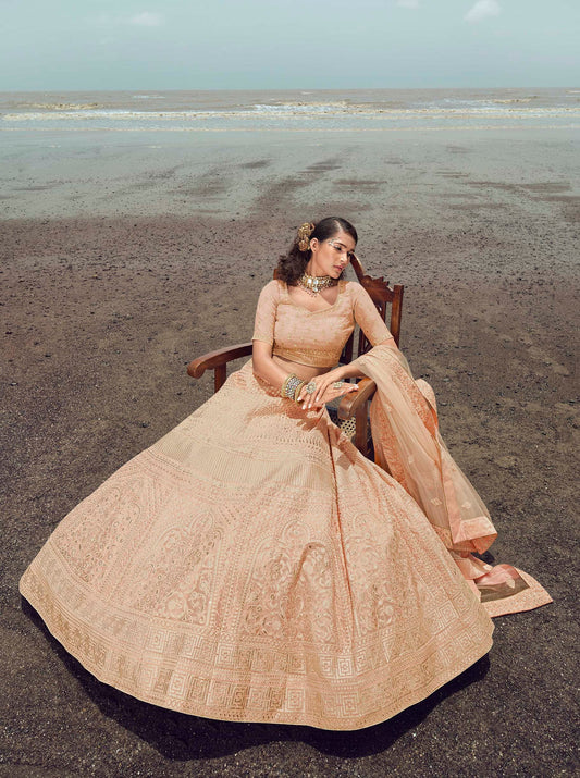 FUSIONIC Admirable peach Colored Resham Work organza Base Lehenga Choli For Women