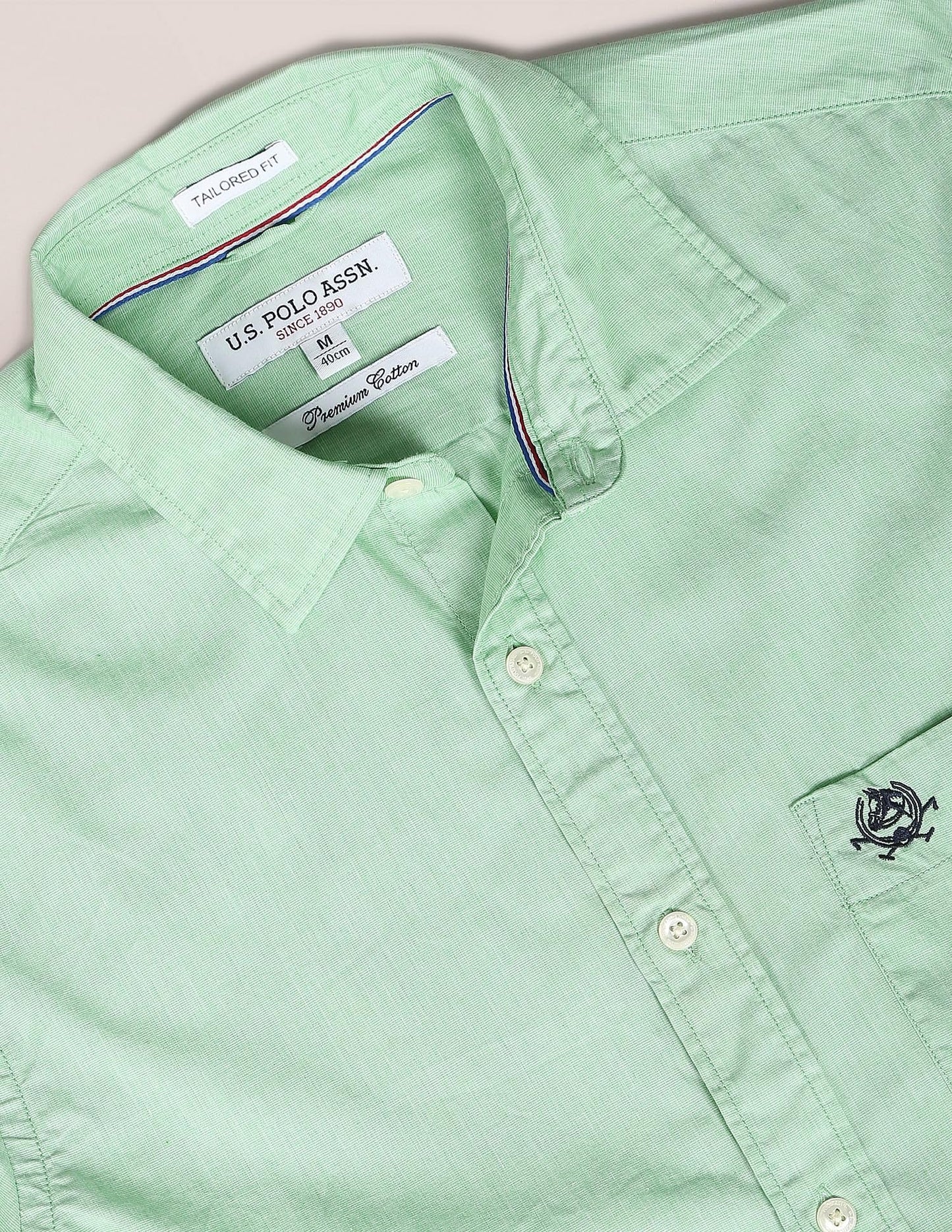 U.S. POLO ASSN. Men's Solid Spread Collar Premium Cotton Tailored Fit Shirt (USSHTR0004_Green_L)