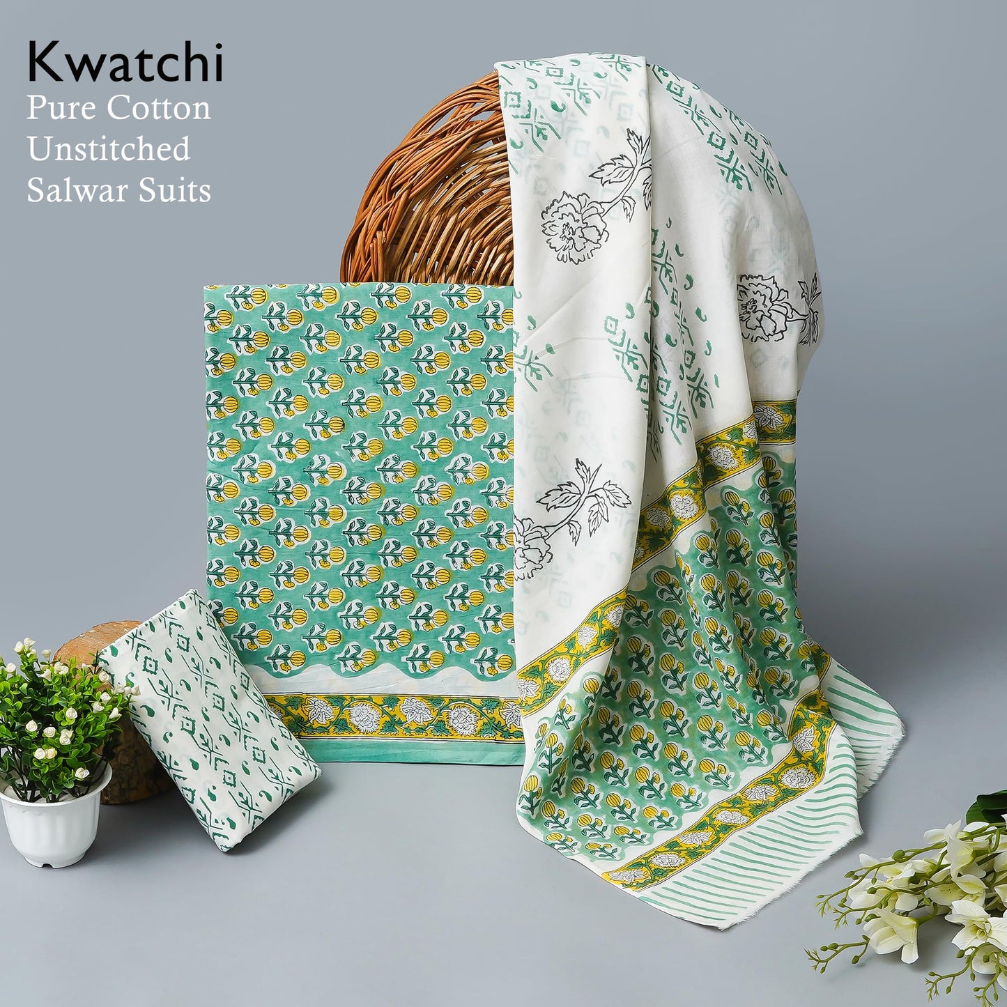 Kwatchi Woman's & Girls Jaipuri Hand Block Print Unstitched Suit Material with Cotton Dupatta(Mint Green)