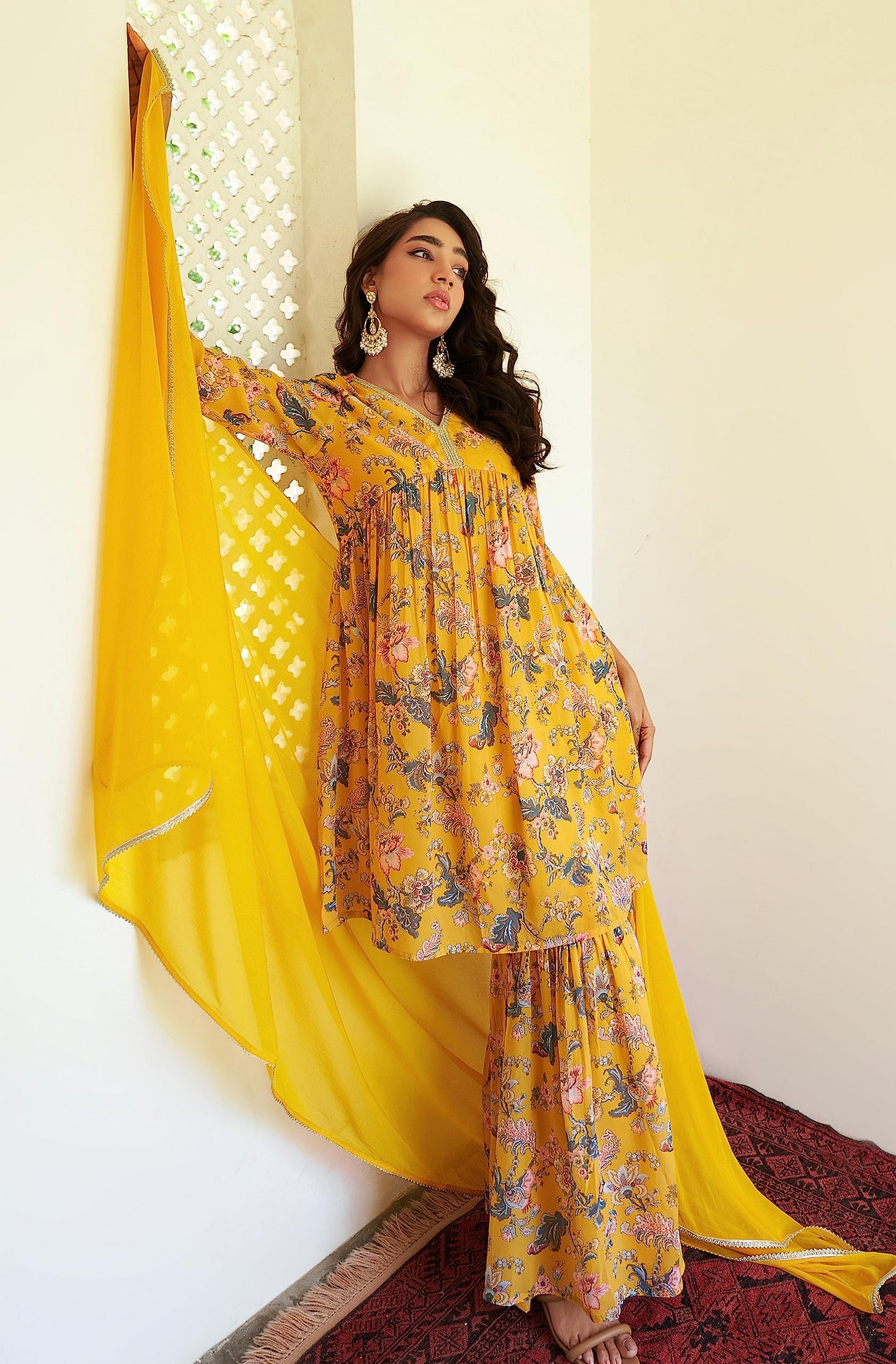 Janasya Women's Yellow Georgette Digital Floral Printed Kurta with Sharara and Dupatta(SET754-KR-SHA-R-XL)