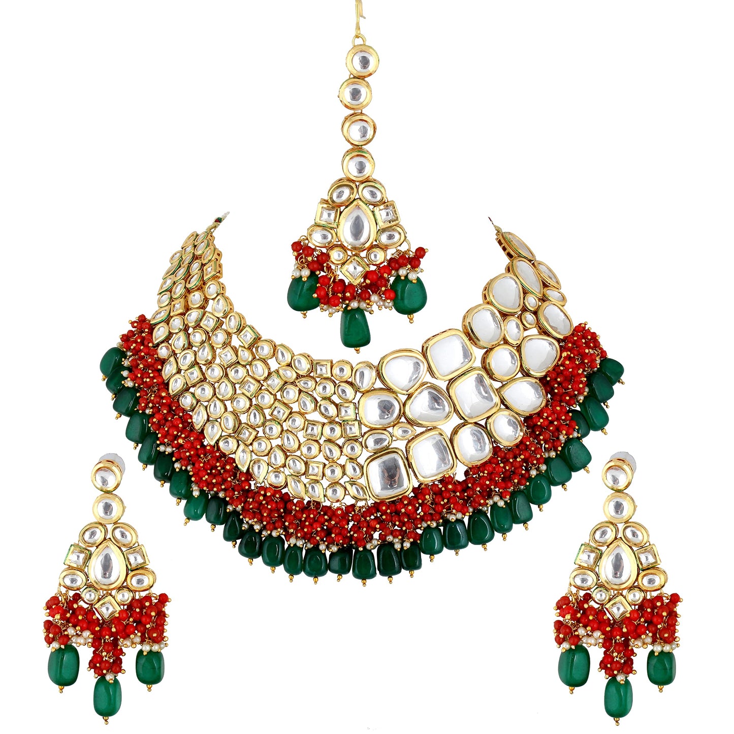 LUCKY JEWELLERY Back Meenakari 18k Gold Plated Multicolor Color Tika Earring Combo Jewellery Set Uncut Big Faux Kundan Dibbi Kundan Choker Necklace Set for Girl's & Women