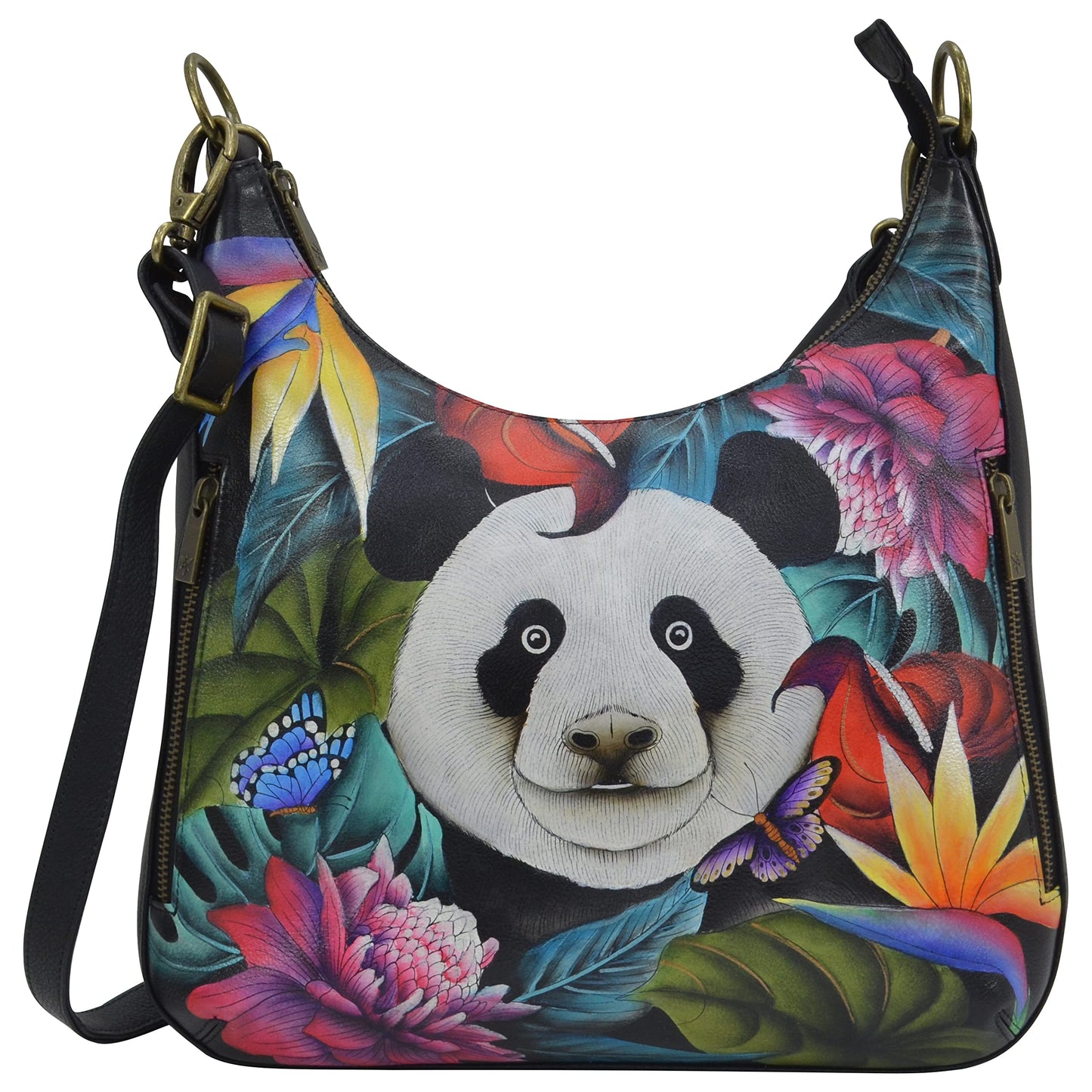 Anuschka Hand Painted Women’s Genuine Leather Convertible Slim Hobo with Crossbody Strap - Happy Panda