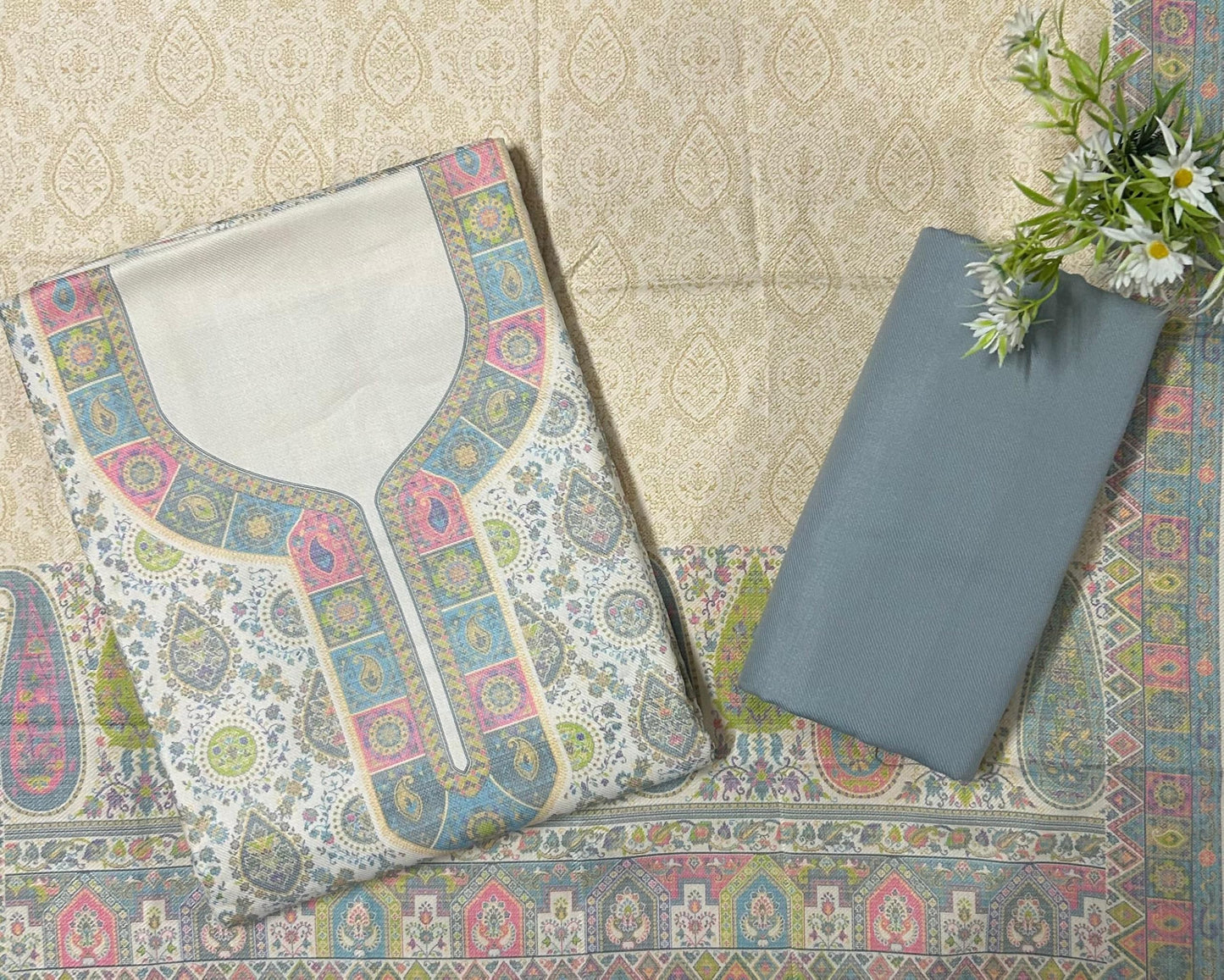 EJS Women's Unstitched Woolen Pashmina Printed Salwar Suit Dress Material With Soft/Pashmina Shawl (Grey)