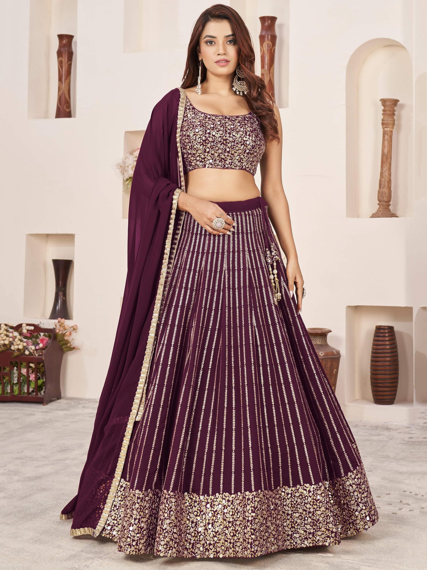 Zeel Clothing Womens Sequins Zari Embroidered Pure Georgette Semi-Stitched Lehenga and Choli Set(5067-Wine-Wedding-Lehenga-Choli-Latest; Free Size)