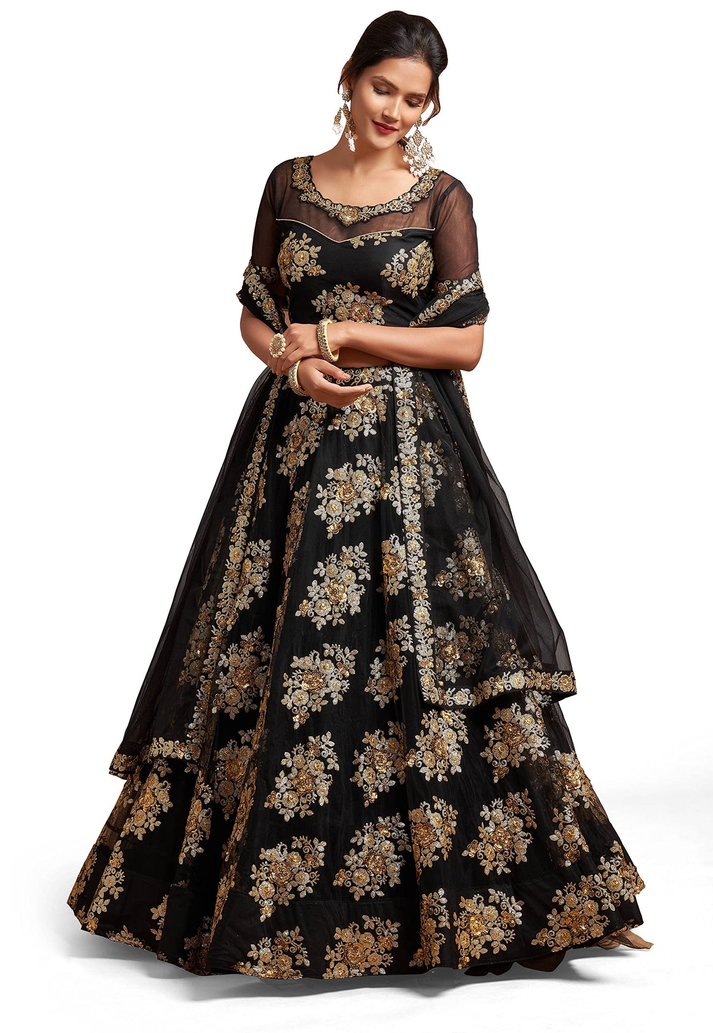 Zeel Clothing Women's Net Embroidered Semi-Stitched New Lehenga Choli with Dupatta (7306Black-Wedding-Girlish-Latest-Lehenga; Free Size)