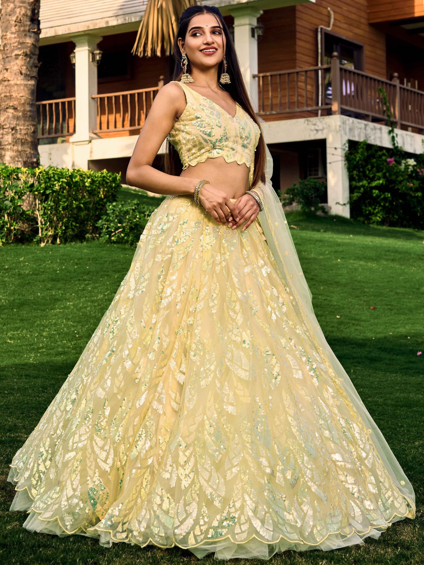 Zeel Clothing Women's Sequins Embroidered Net Semi-Stitched Lehenga and Choli Set (5101-Yellow-Womens-Lehenga-Choli-Latest; Free Size)