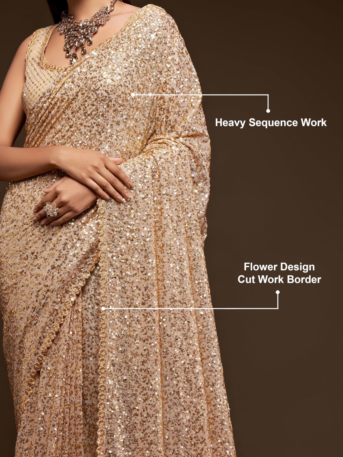 TRENDMALLS Women's Georgette Heavy Sequins Work Heavy Saree with Blouse (Latest-Sequins-Party-Saree) (Beige)
