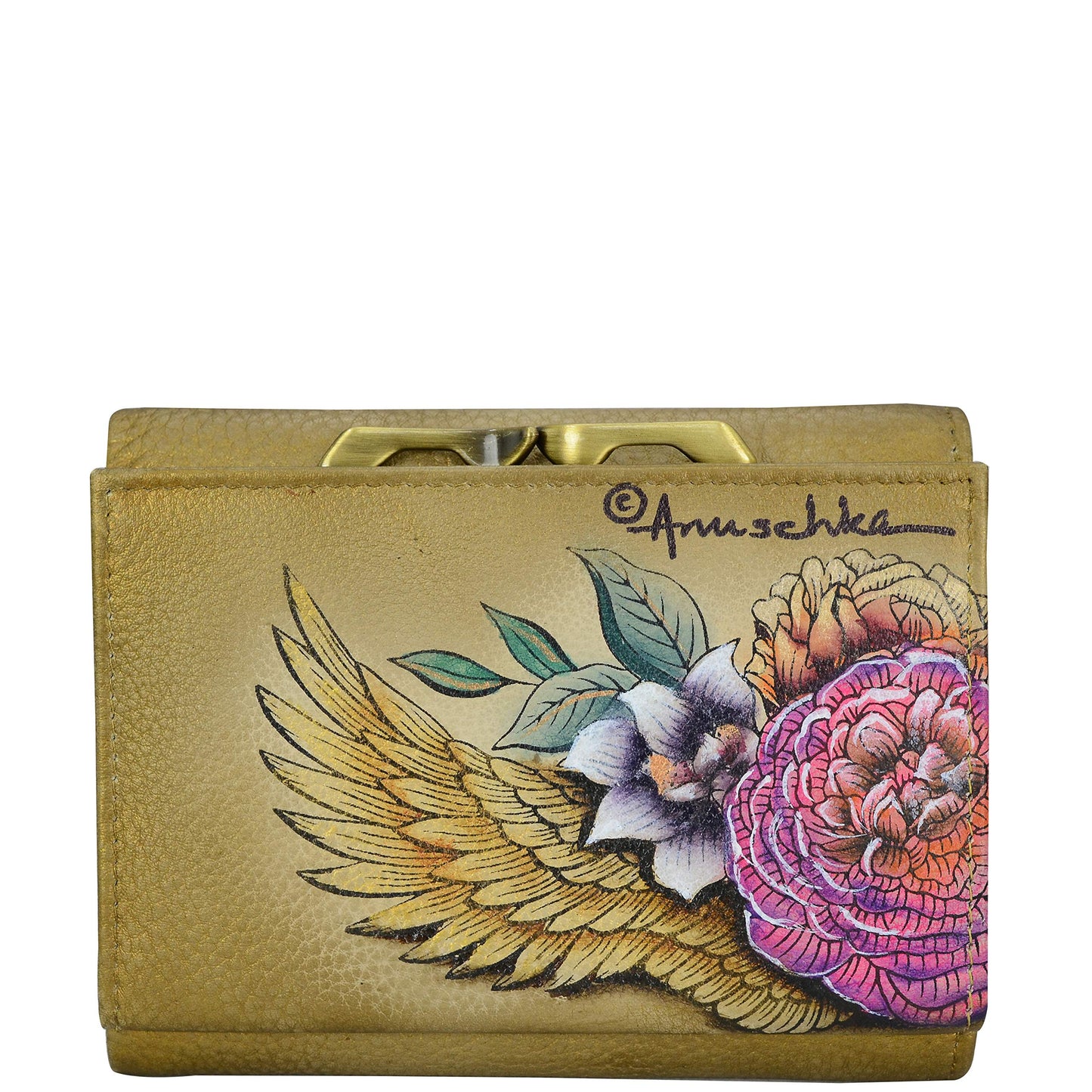 Anuschka Women's Hand-Painted Genuine Leather RFID Blocking Small Flap French Wallet - Angel Wings