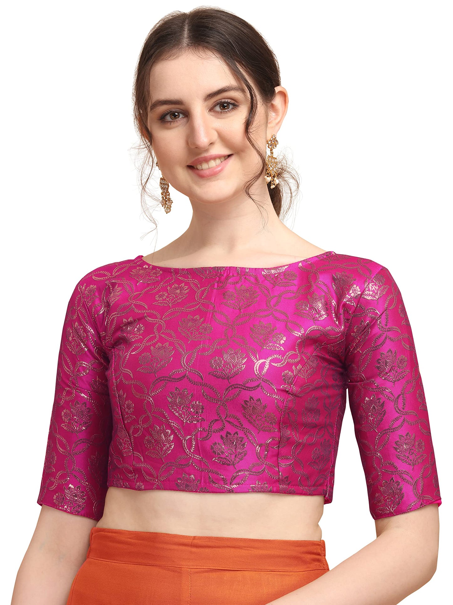 OOMPH! Women's Indian Ethnic Wear Designer Twist Leaf Pattern Zari Work Boat Neck Half Sleeve Pink Color Jacquard Readymade Blouse for Saree or Lehnga and Fusion Twist. XXL