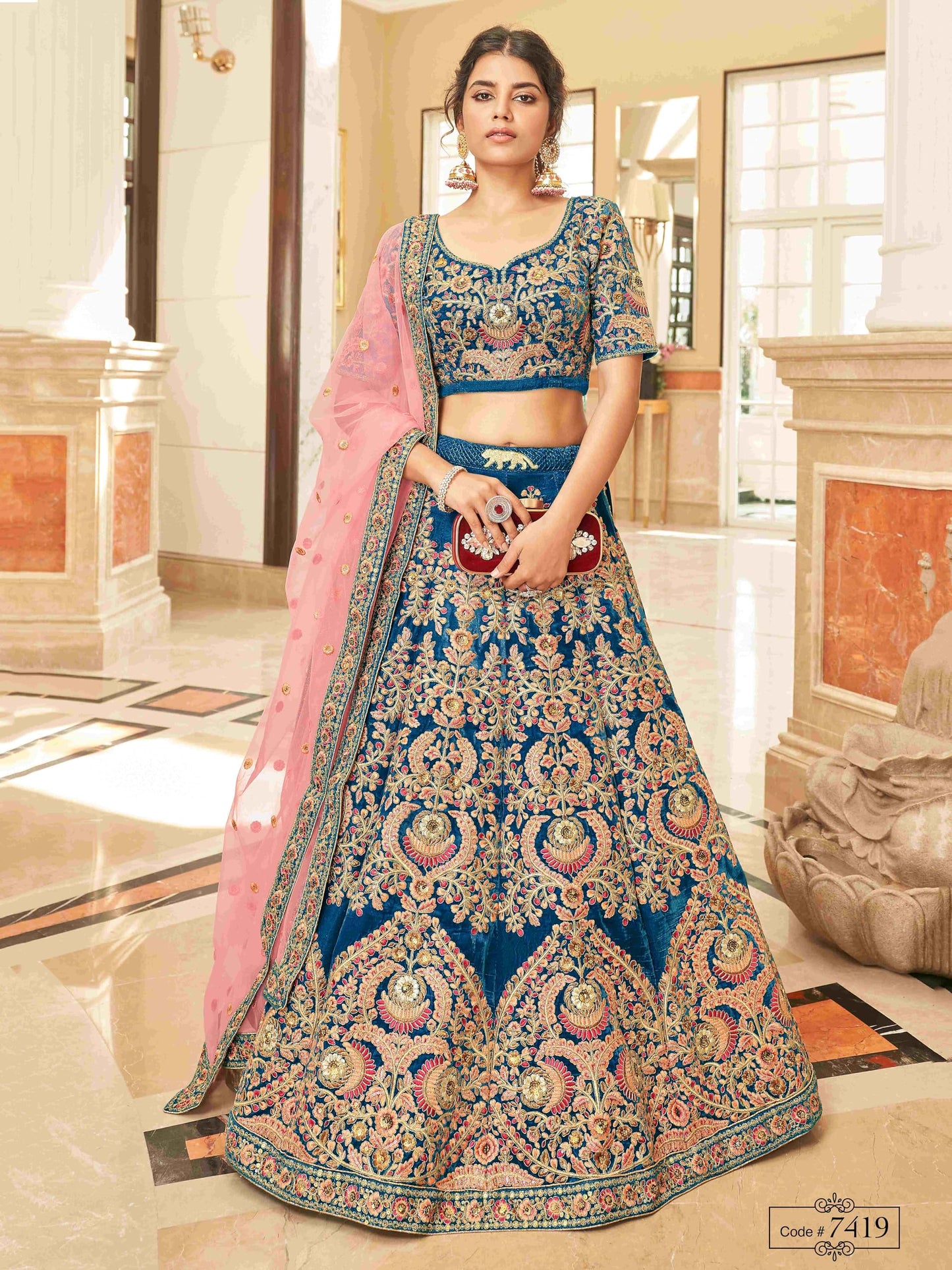 Zeel Clothing Blue Heavy Embroidered Velvet Semi-Stitched Lehenga Choli For Women (7071-Blue-Wedding-Bridal-Latest-New; Blue_Free Size)