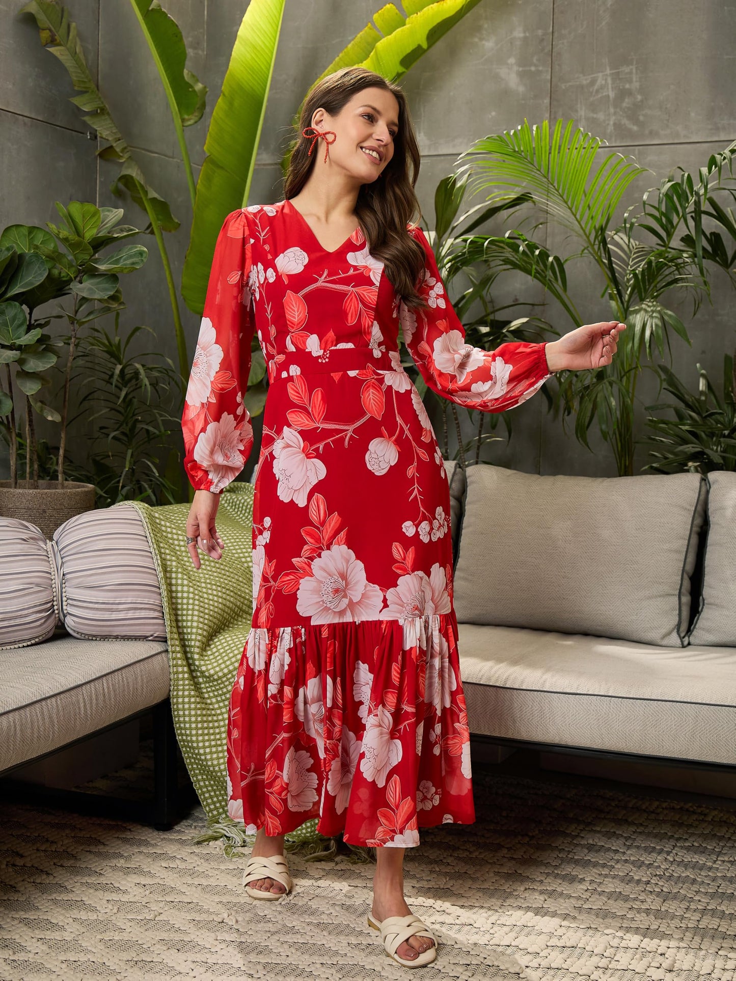 SASSAFRAS Red Floral Baloon Sleeve Midi Dress