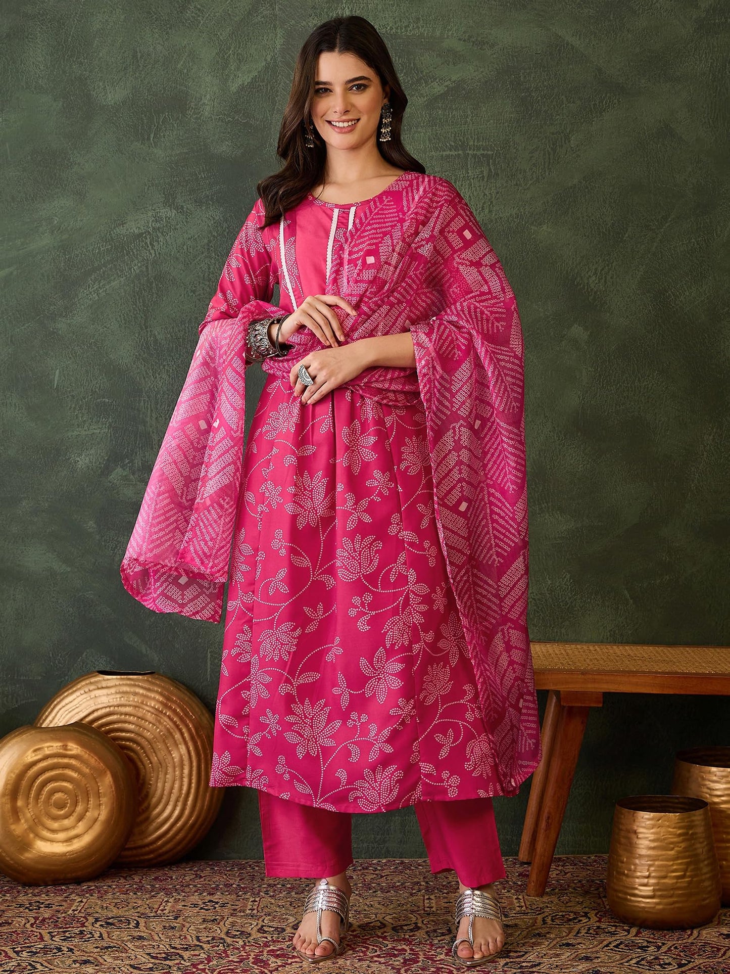 VARNI FABRIC Rayon Kurta Set for Women |Full Sleeves Floral Printed A-Line Kurta Set | Woman Salwar Suit with Pant & Dupatta | Festive Wedding Ethnic Wear | Prefect for Office Summer | Rani | 2XL