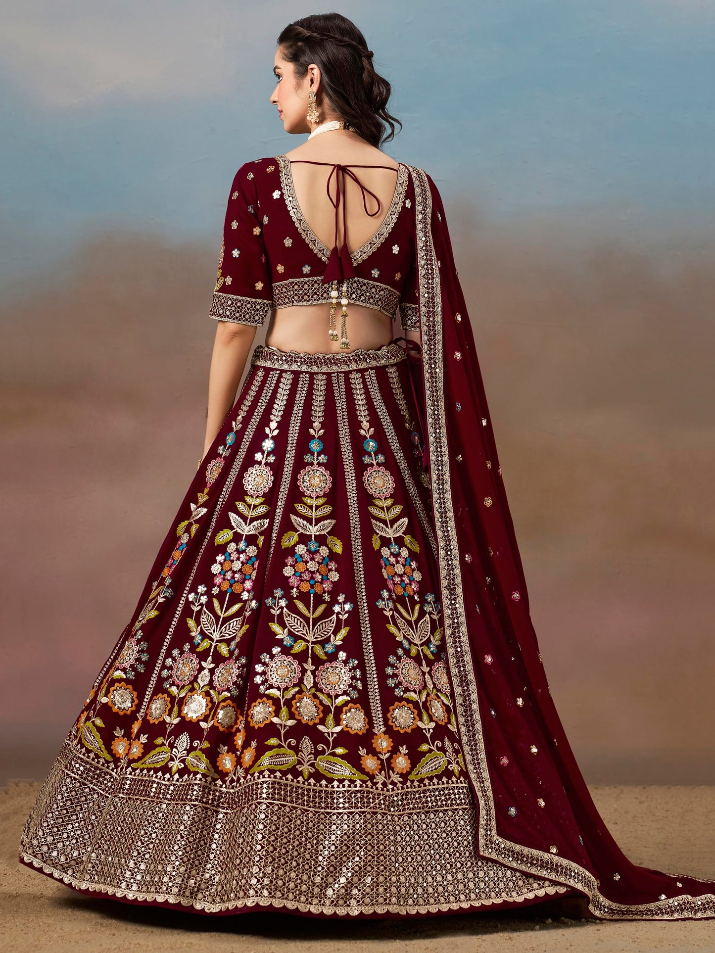 Zeel Clothing Women's Sequins Thread Embroidered Georgette Lehenga Choli With Dupatta (6008-Maroon-Women-Lehenga-Choli-New; Free Size)(Maroon)