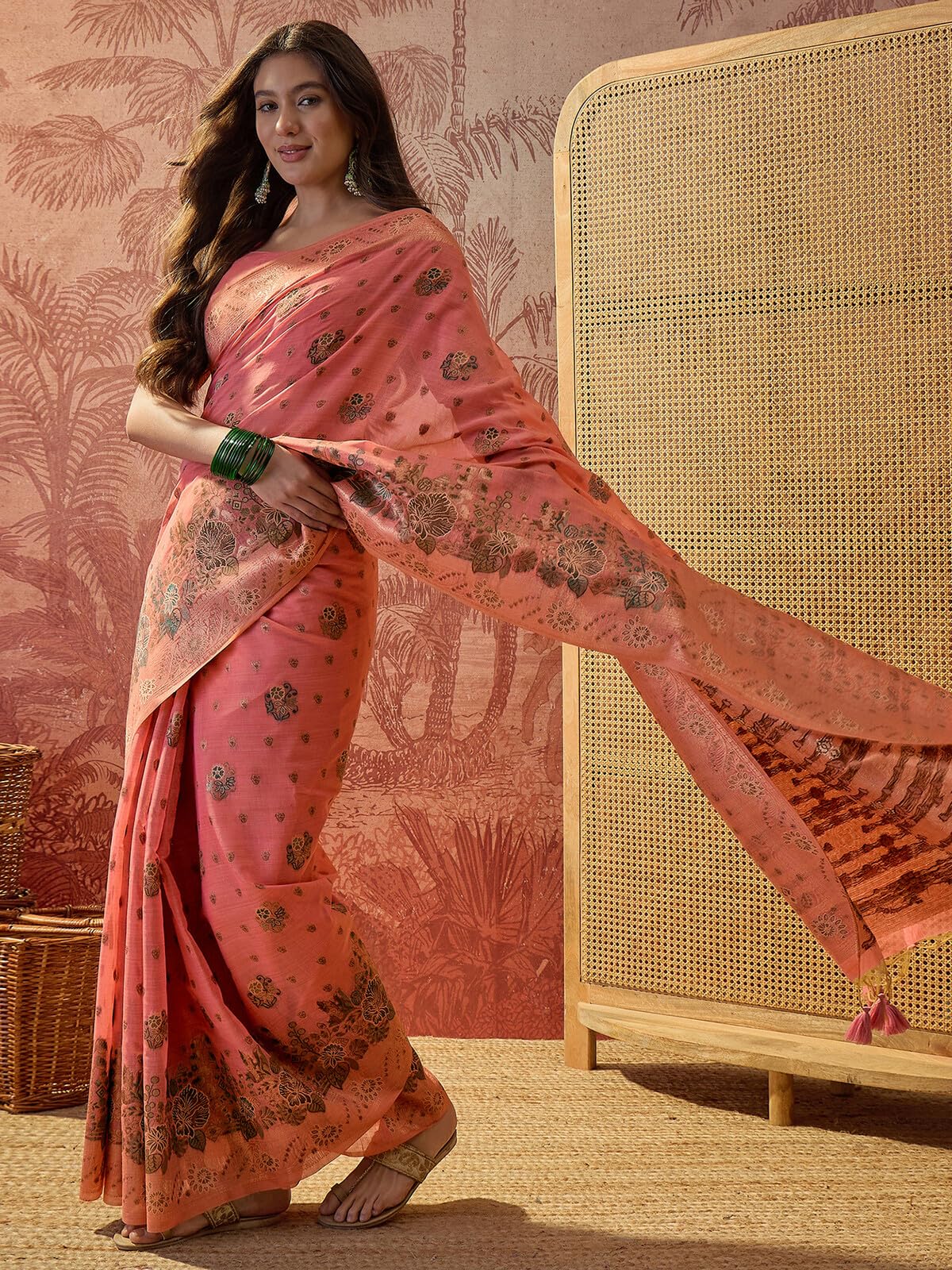SIRIL Women's Silk Jacquard Saree with Unstitched Blouse Piece (5305S881_Light Coral Pink)