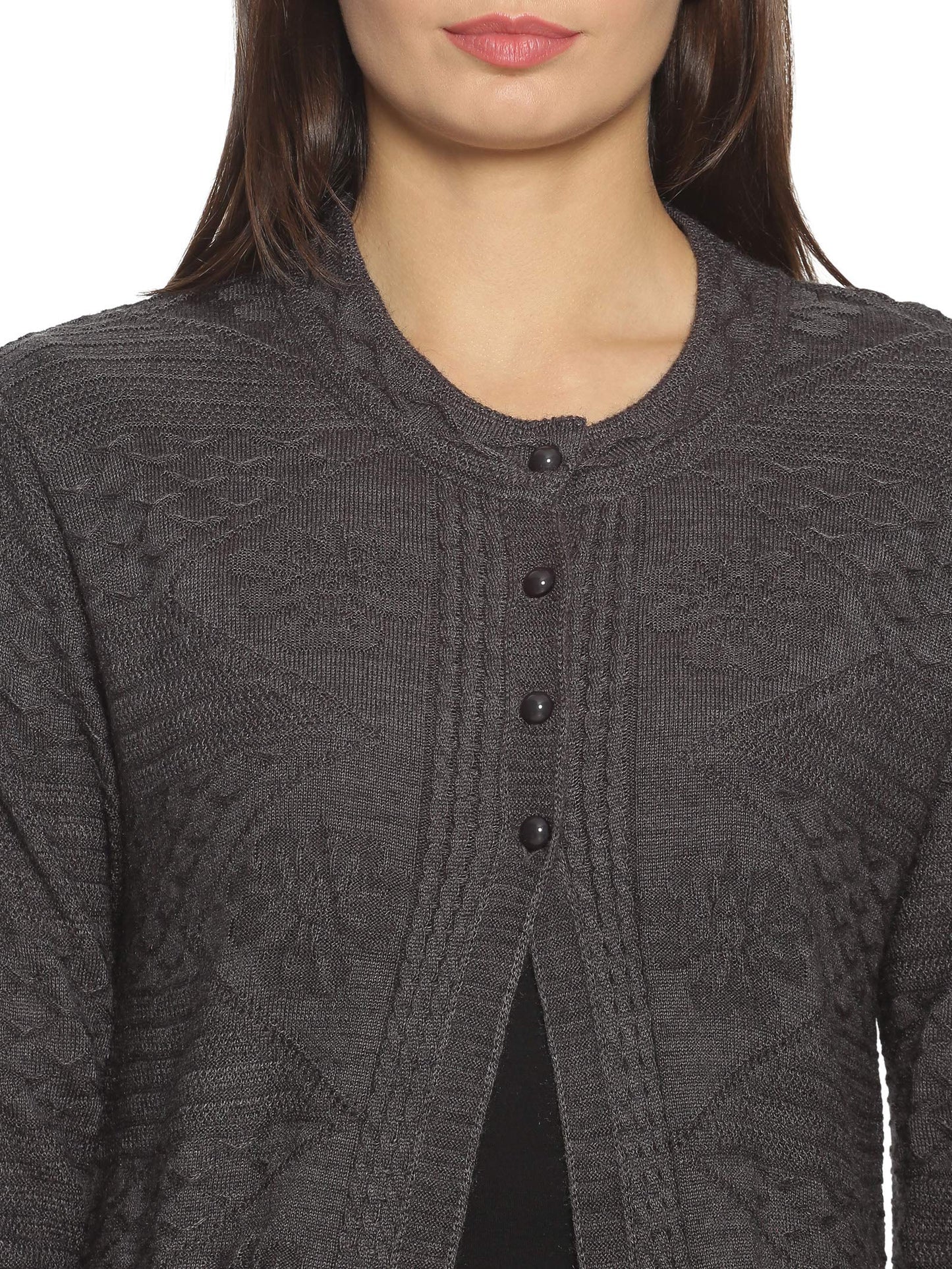 Clapton Winter WearWool Blend Round Neck Full Sleeve Button Self Design/Solid Long Shrug for Women-REXNV4001-MDGREY_L Grey