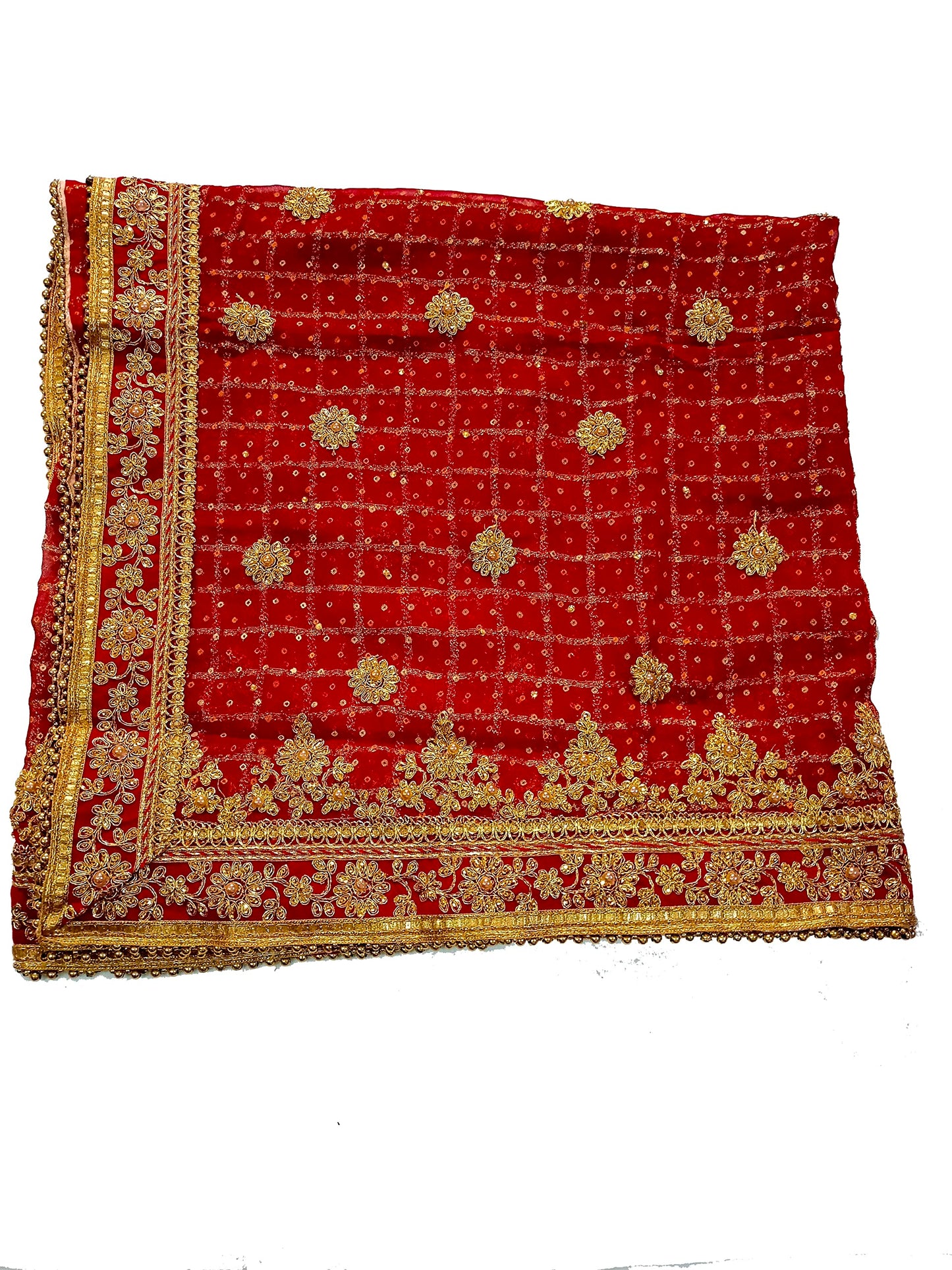 asha chunri house Women Red Bridal Bandhani Dupatta With Velvet Border And Moti 2.25 Mtr