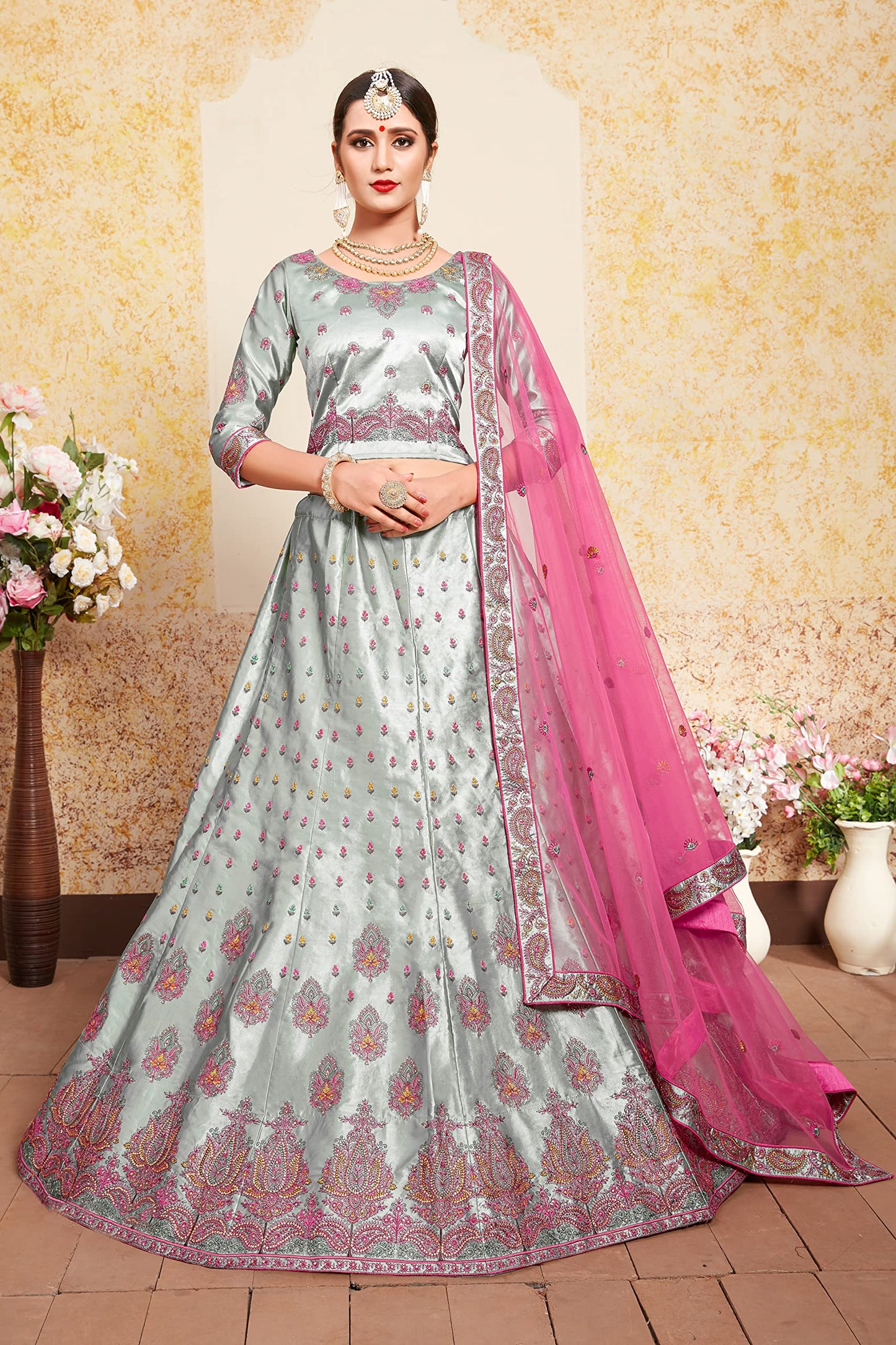 FUSIONIC Beautiful Grey colored Soft Net base designer Lehenga Choli For Women