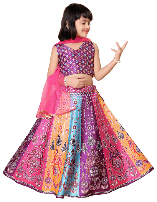 Dhyanom Fully Stitched Readymade Kids Lehenga Choli Set For Girls (Dusty Multi, 9-10 Years) | Material: Polyester Blend