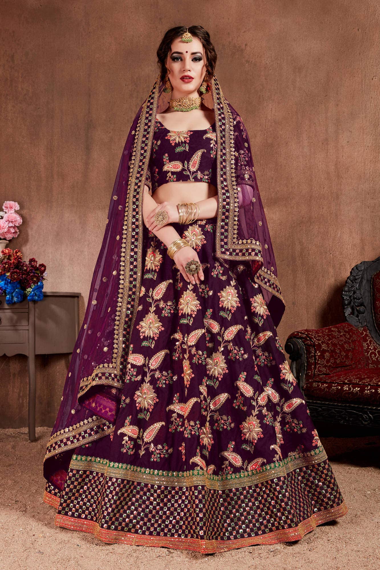 Zeel Clothing Silk Purple Bridal Semi Stitched Lehenga Choli For Women And Girls (7034-Purple-New-Wedding-Bridal-Heavy-Lehenga;Free Size)