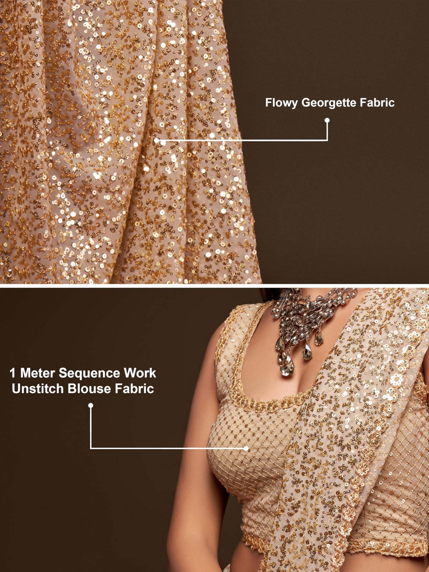 TRENDMALLS Women's Georgette Heavy Sequins Work Heavy Saree with Blouse (Latest-Sequins-Party-Saree) (Beige)