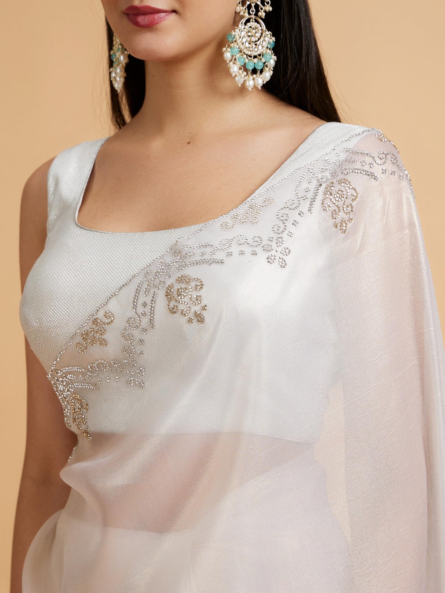 MOHEY Women's Organza Stone Work Saree(Cream)