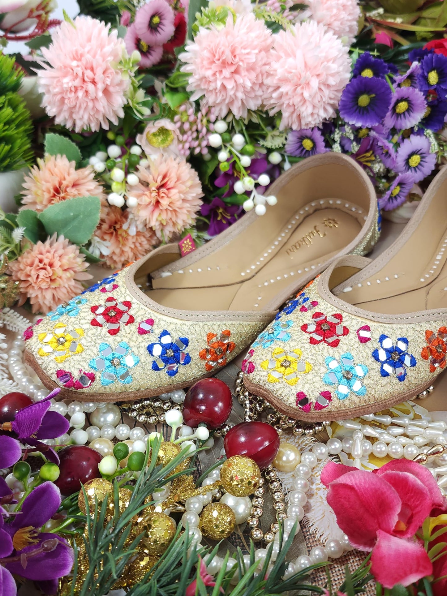 Fulkari Women Mirror Gold Multicolor Formal Genuine Soft Leather Jutis | Bite and Pinch Free Juttis | Punjabi Jutti | Girl's Wedding Flat Ladies Mojari Ethnic Juti |