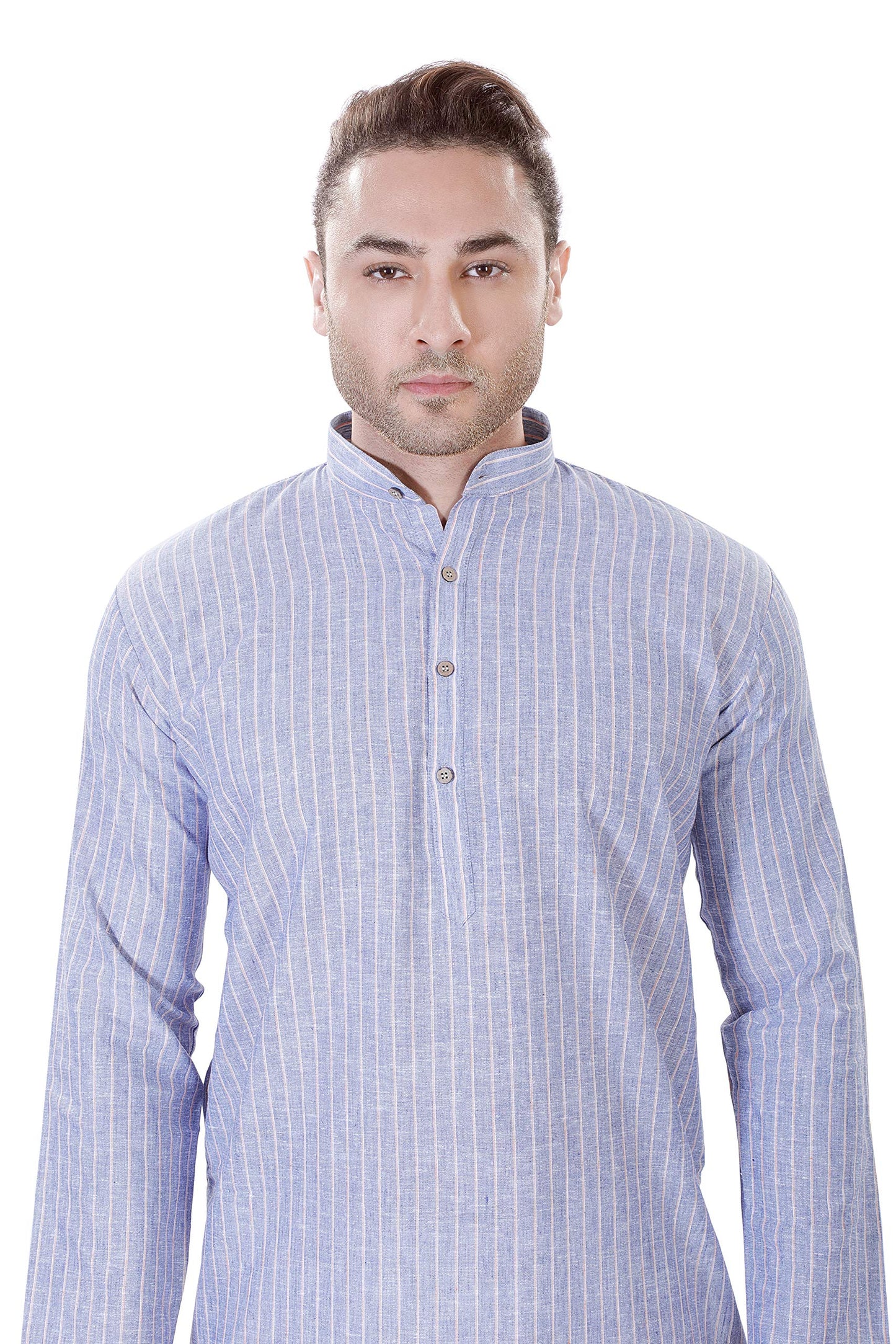 LUCKWIN Cotton Linen Regular Fit, Mandarin Collar, Vertical Stripes Kurta Pyjama Set in Blue for Men [LWKP069-36]