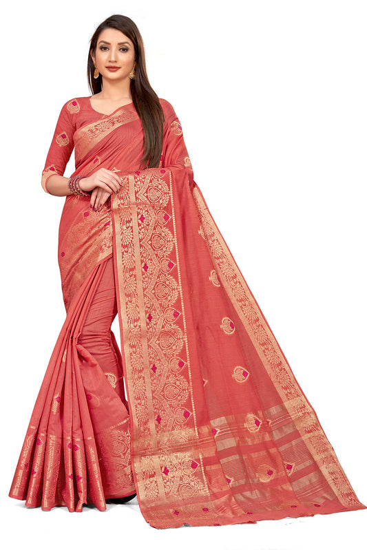 leeza store Women's Pink Cotton Linen Zari Butta Banarasi Saree With Unstitched Blouse Piece