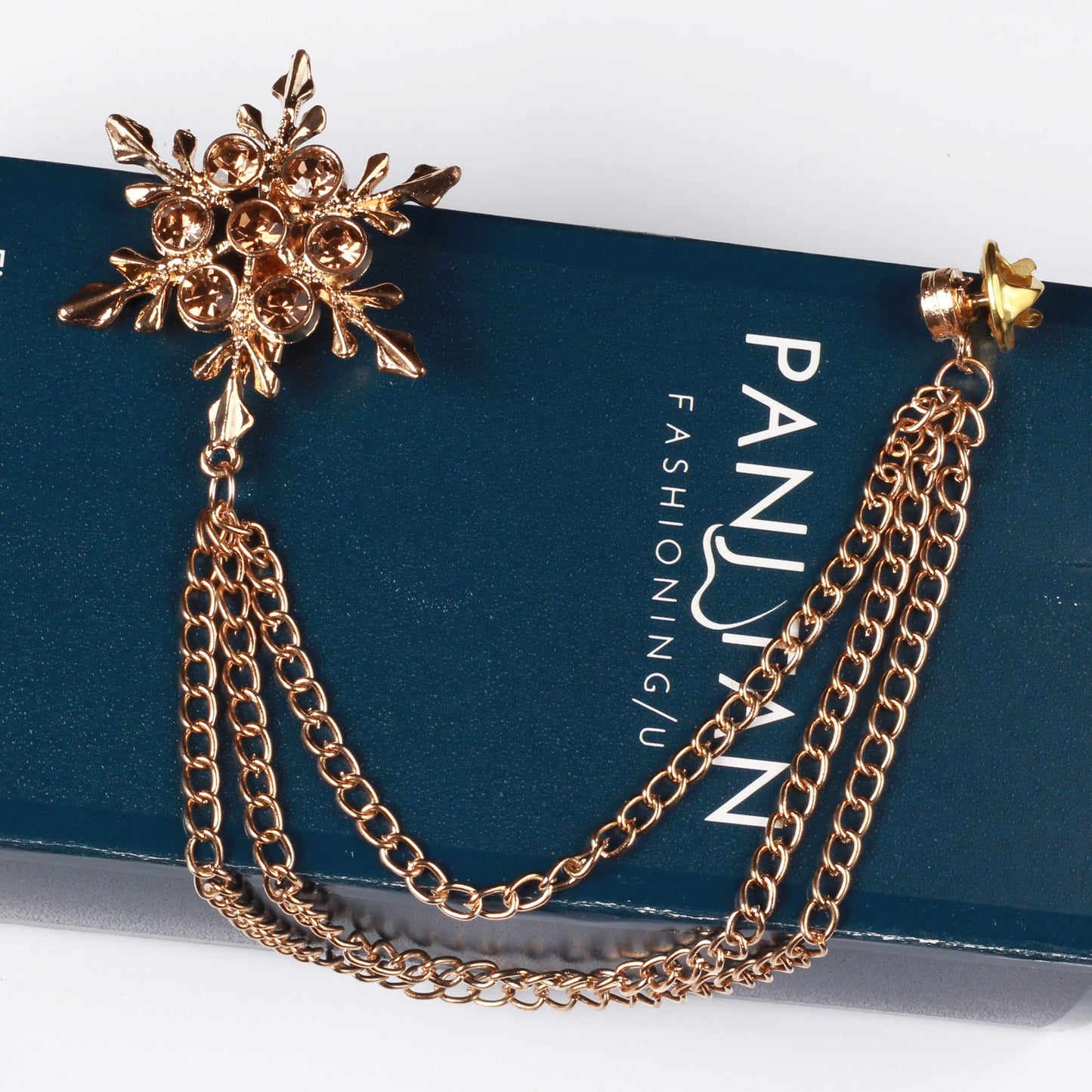 Panjatan Men's Gold Stone Studded Snowflake Brooch with Golden Chain – Elegant Lapel Pin for Suit, Blazer & Coat (Gold)