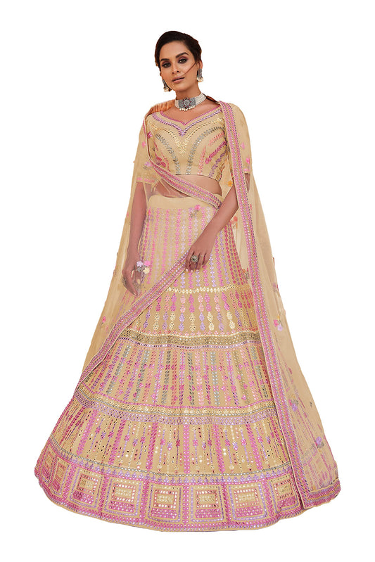 FUSIONIC Yellow Color Organza Fabric Thread And Gota Work Lehenga For Women