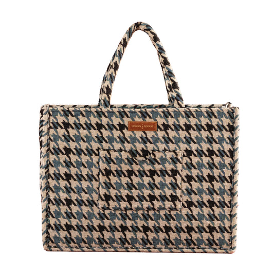 Urban Space Women Canvas Tote Bag, Stylish & Multisection Cotton Jacquard Handbag with Zip closure, Handcrafted Padded Laptop Bag for 16" laptop | Shopping Shoulder Bag - Houndstooth