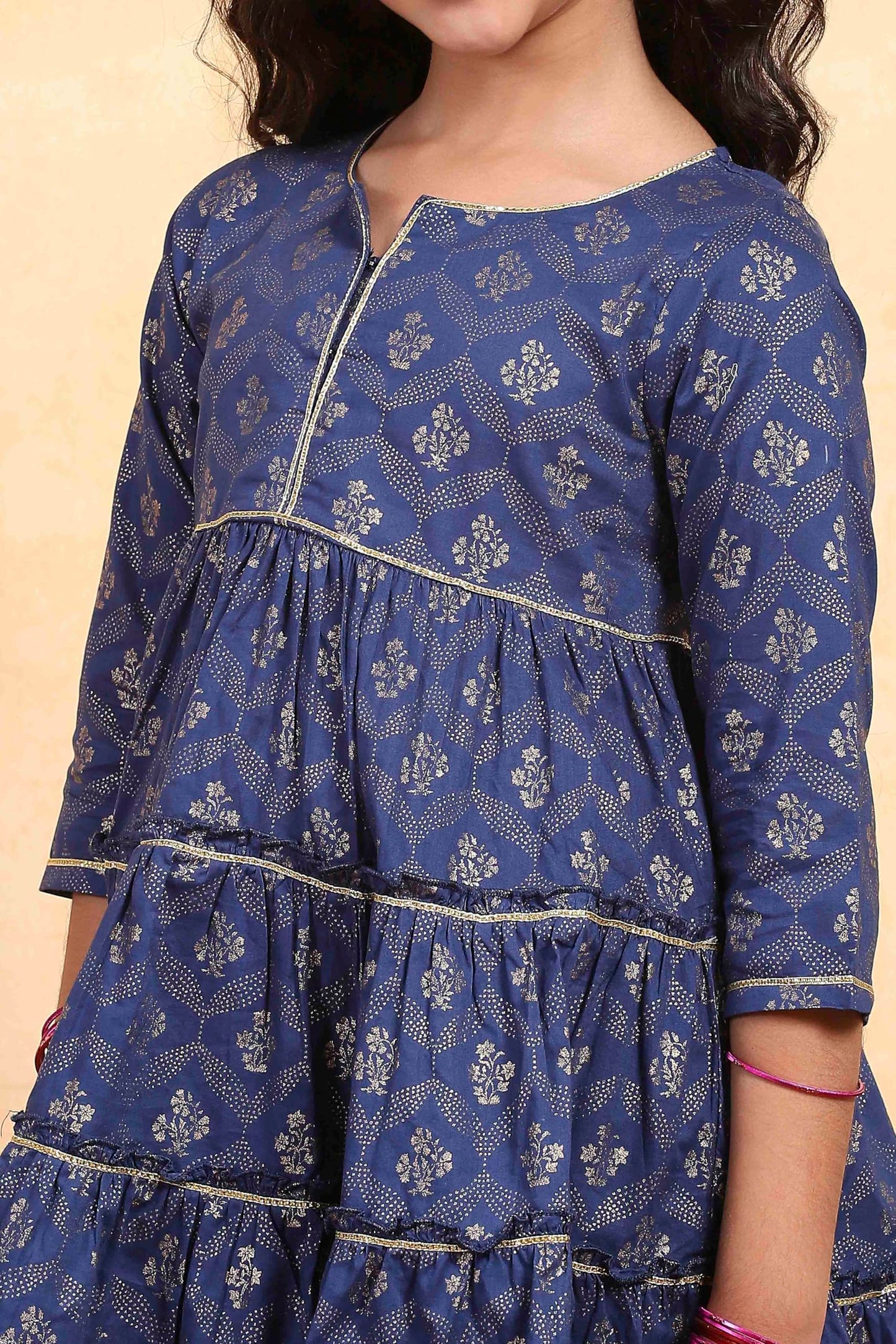 Biba Girl's Blue Cotton Tiered Printed Kurta Churidar Set