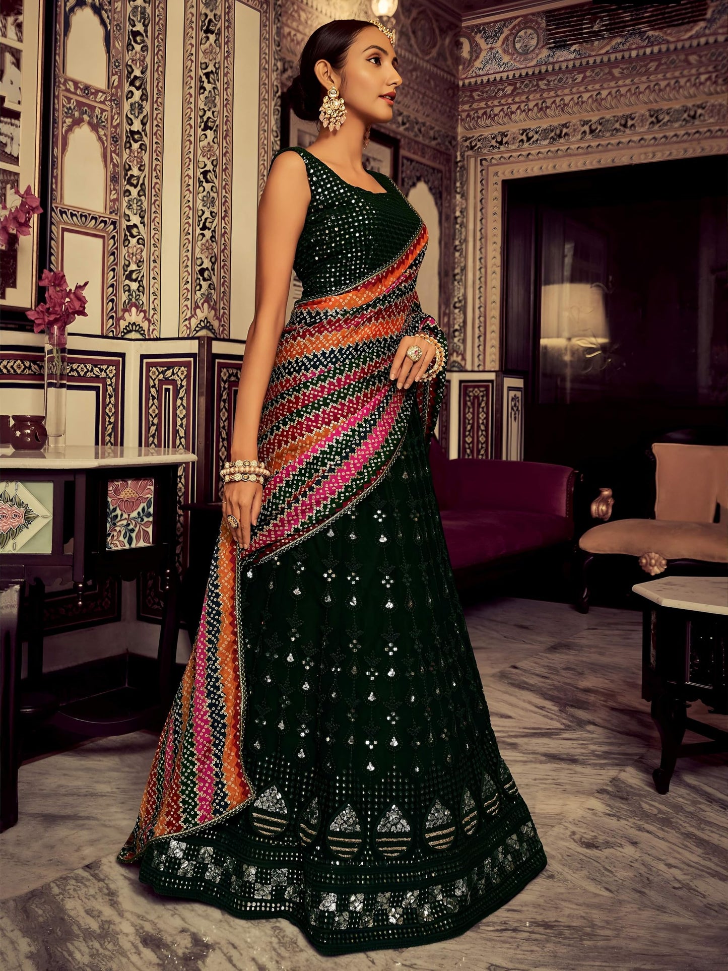 Zeel Clothing Women's Sequins Thread Embroidered Georgette Lehenga Choli With Dupatta (6003-Green-Women-Lehenga-Choli-New; Free Size)(Green)